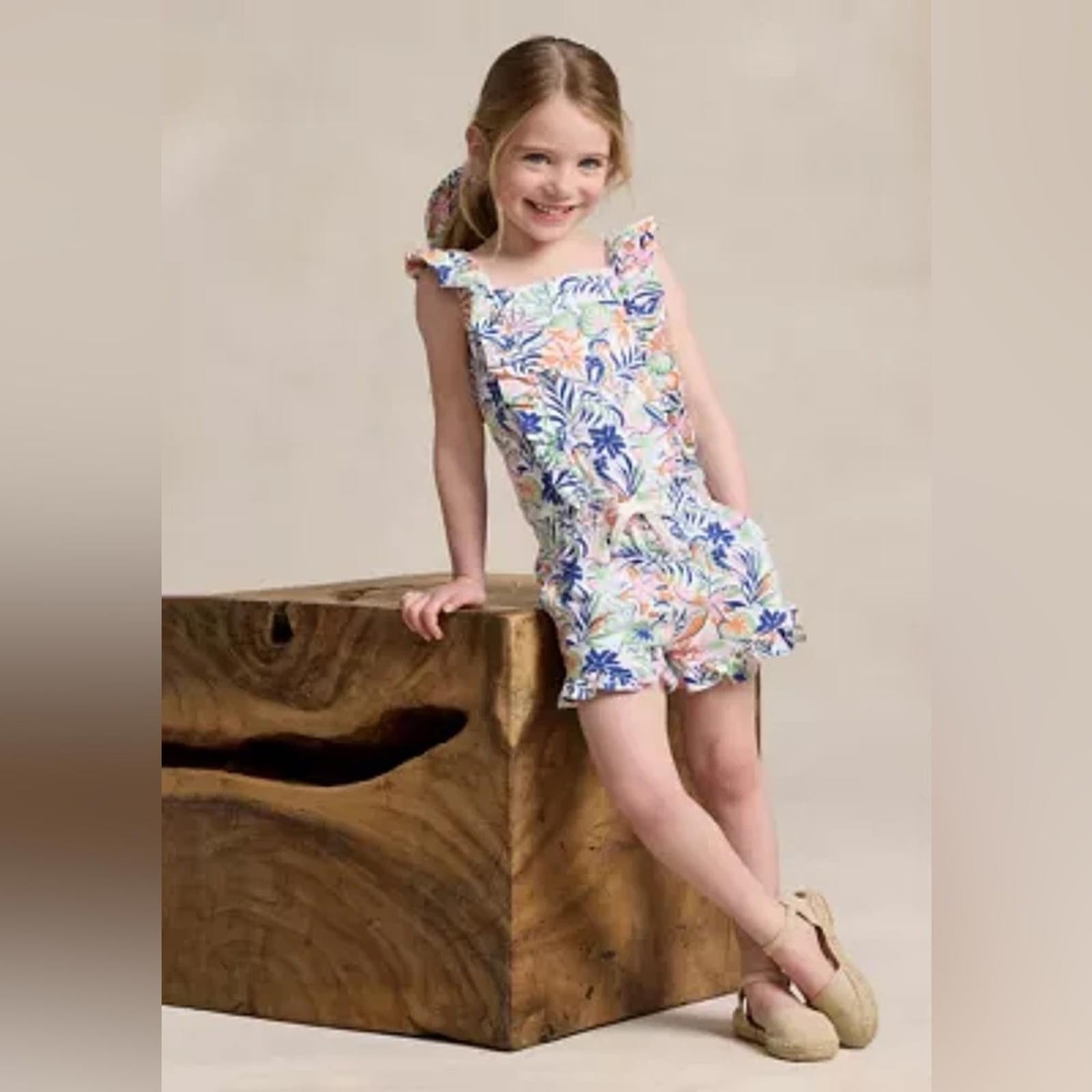 Polo Ralph Lauren Tropical-Print Ruffled Cotton Romper, Size M(8-10) NEW w/Tag