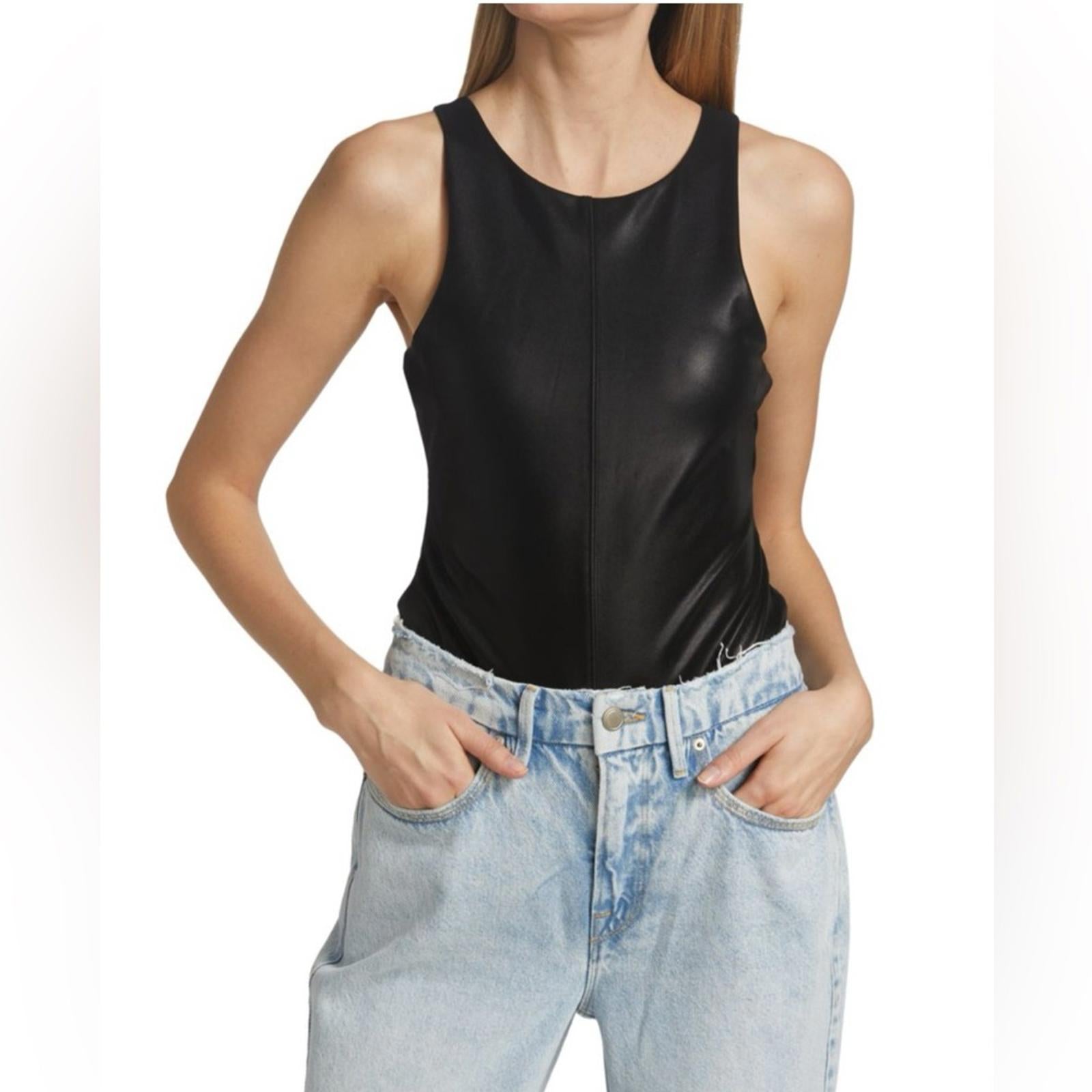 NEW Good American Faux Leather High-Neck Bodysuit in Black Size 4/XL NEW w/o Tag