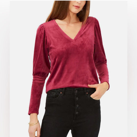 1.STATE Velvet V-Neck Blouse in Plum Fairy, Pullover, New, Size M