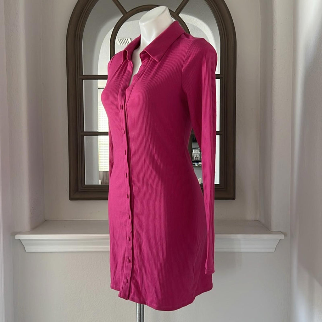 AFRM Ribbed Knit Collared Long Sleeve Button Front Shirt-Dress Berry, Size M NWT