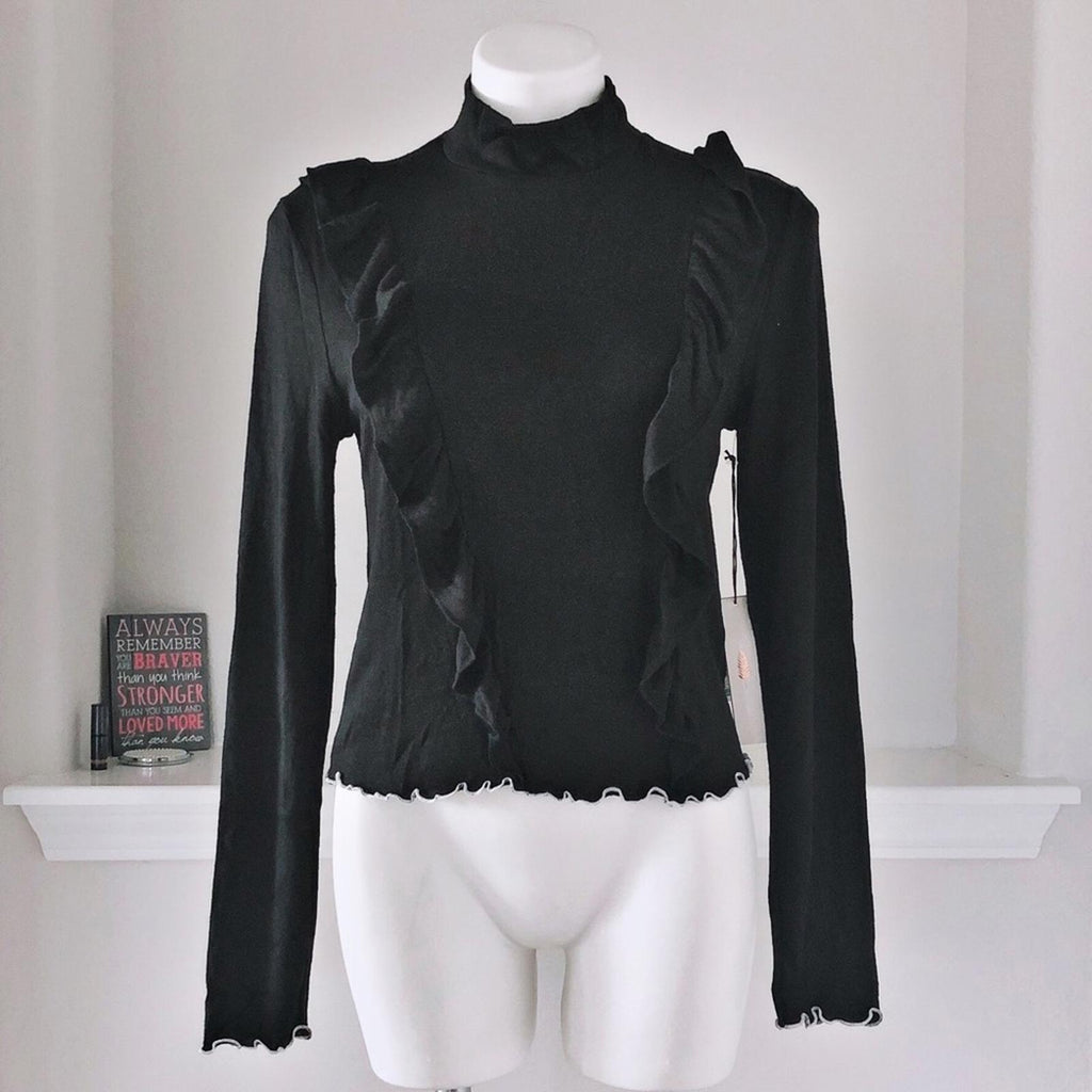 June & Hudson Mock Neck Sweater w/Ruffles Black w/ White Trim Size XL New w/Tag