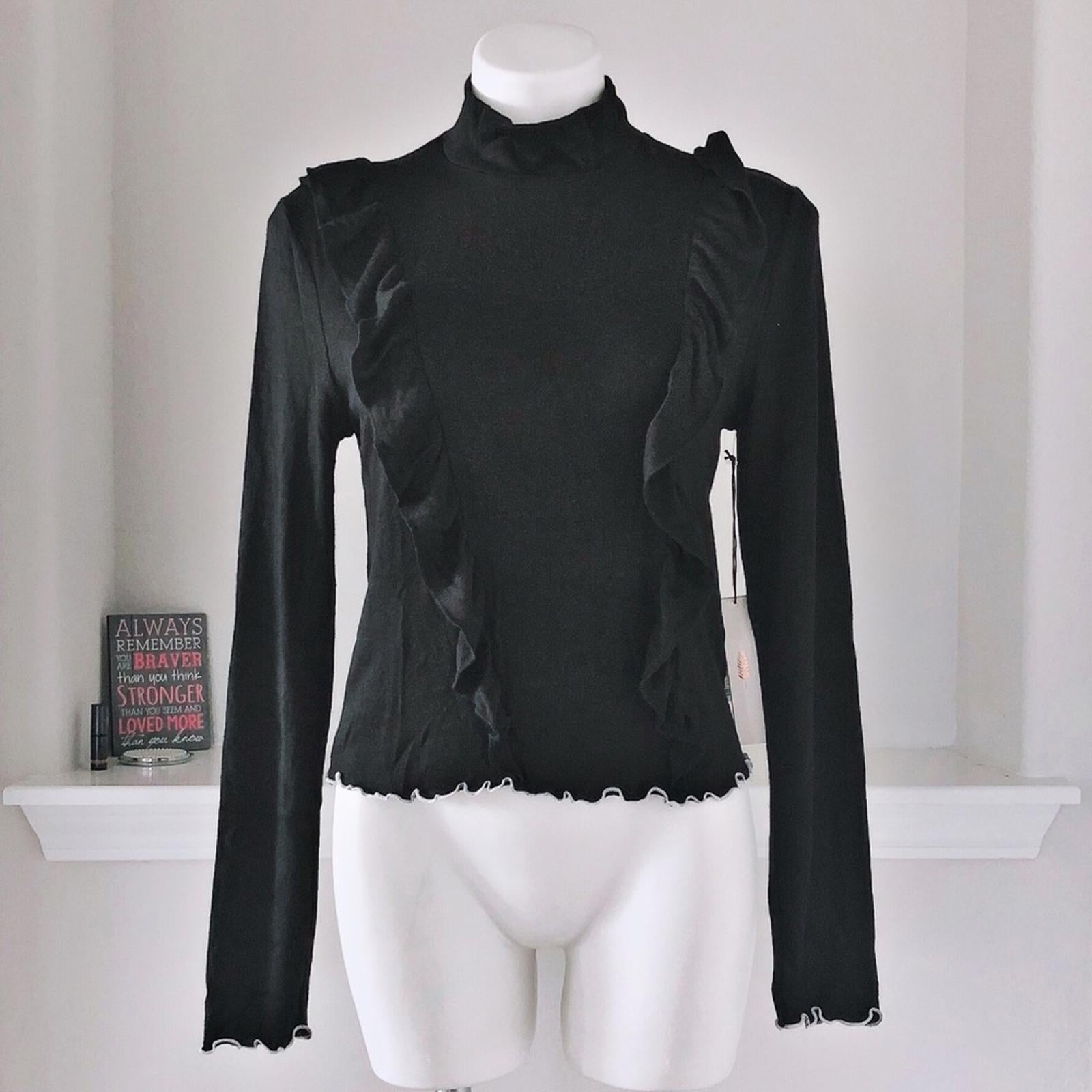 June & Hudson Mock Neck Sweater w/Ruffles Black w/ White Trim Size XL New w/Tag