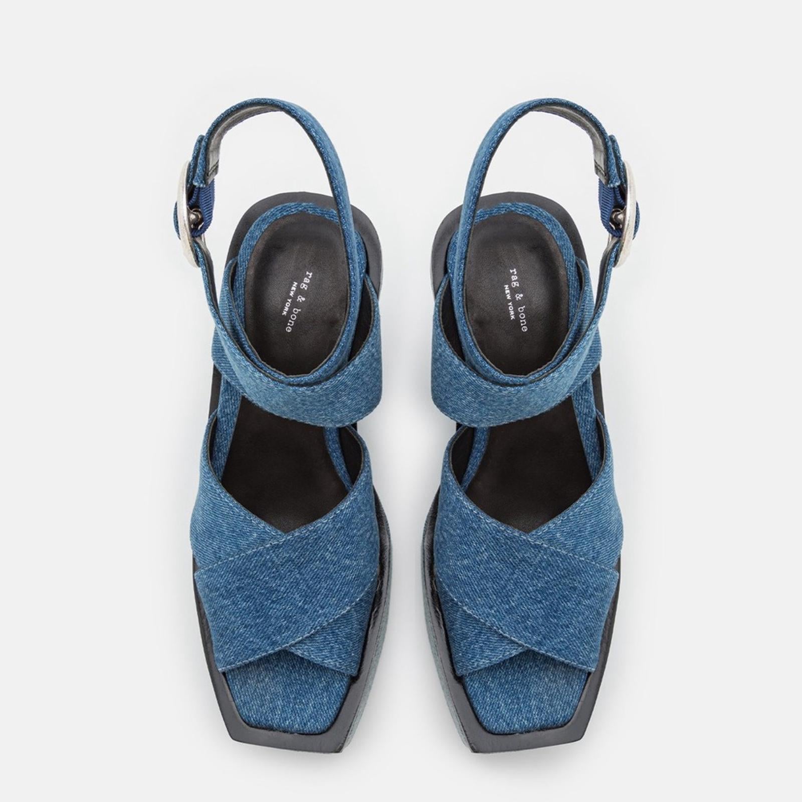 Rag & Bone Santiago Ankle Strap Platform Wedge Sandals Denim, Size 8.5/38.5 NWT