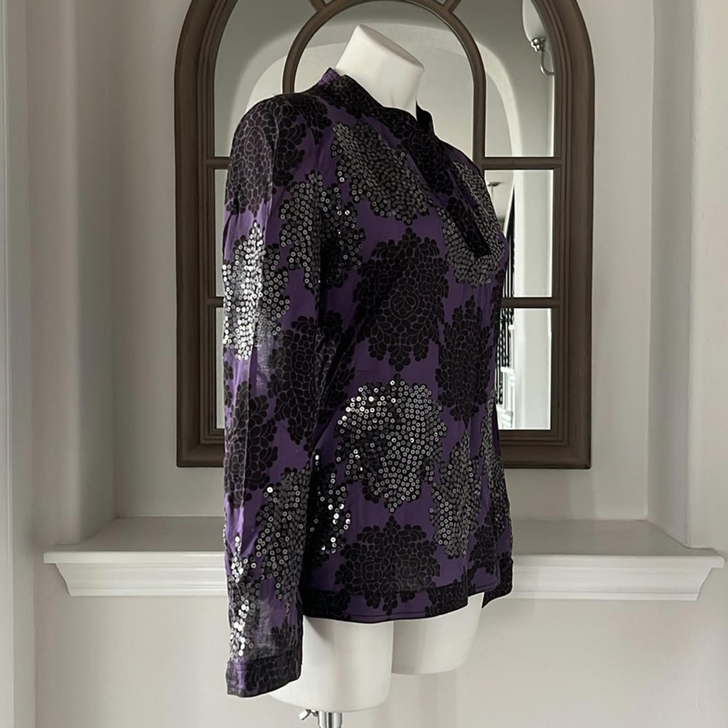 Tory Burch Black Flowers Blouse, Tunic in Purple Grey Size 8