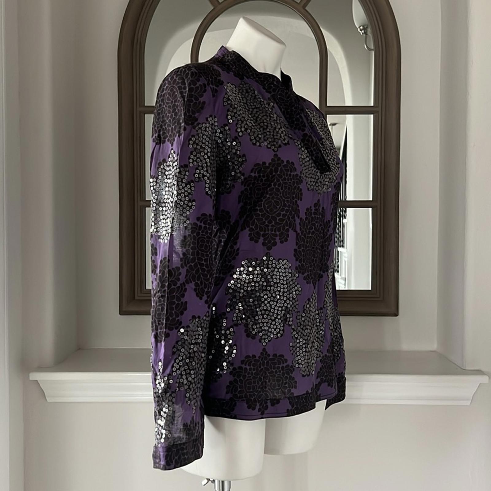 Tory Burch Black Flowers Blouse, Tunic in Purple Grey Size 8