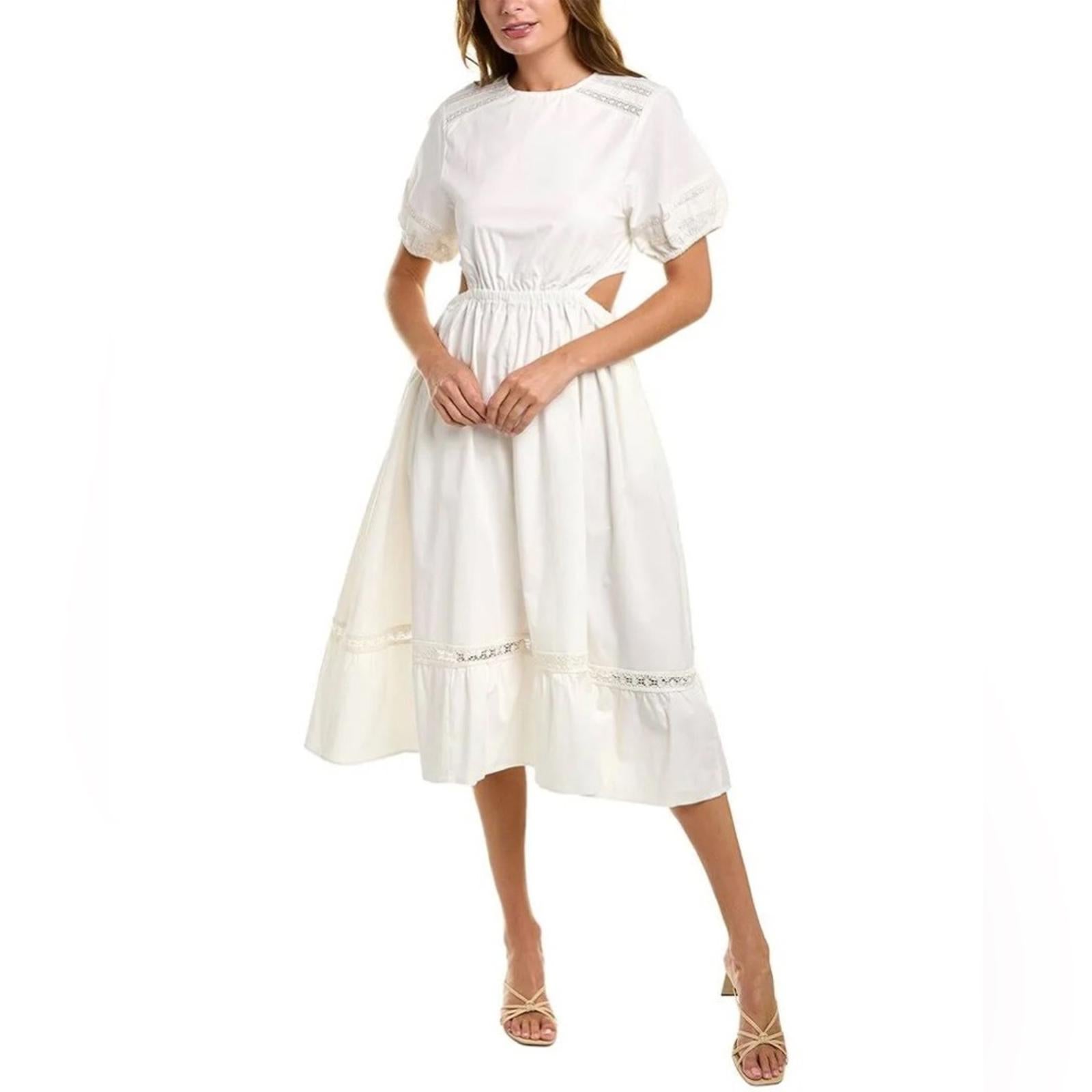Leota Michelle Lace Trim Poplin Midi Dress, White Size L New w/Tag