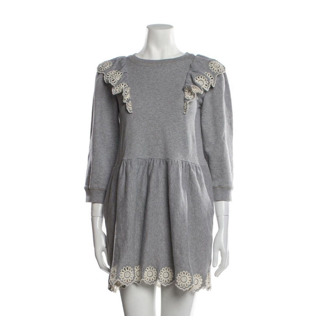 SEA Blaine Openwork Embroidery Adorned Long Sleeve Combo Dress, Grey Size 12Y