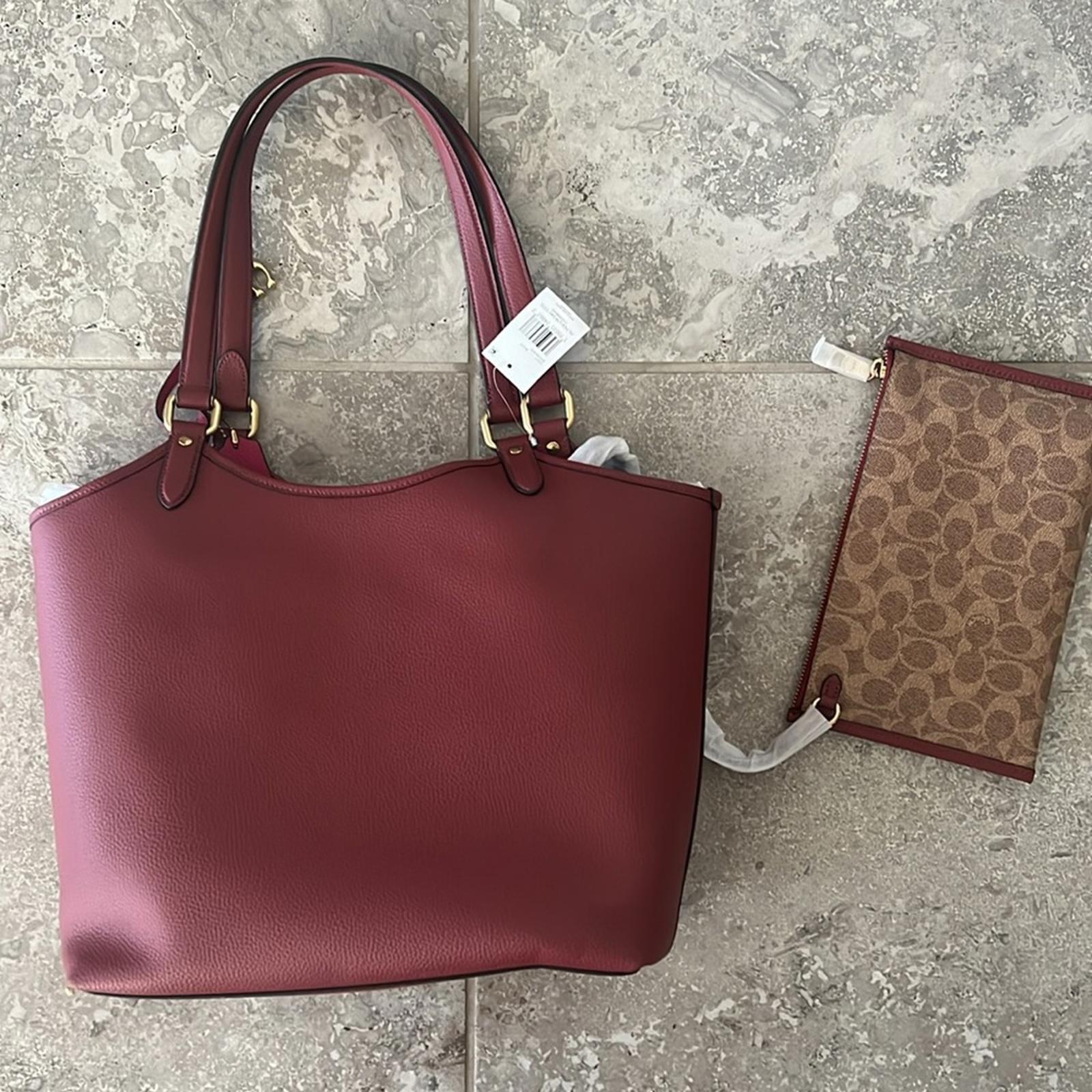 COACH Polished Pebble Leather Restored Day Tote in Brass/Brick Red, New +DustBag