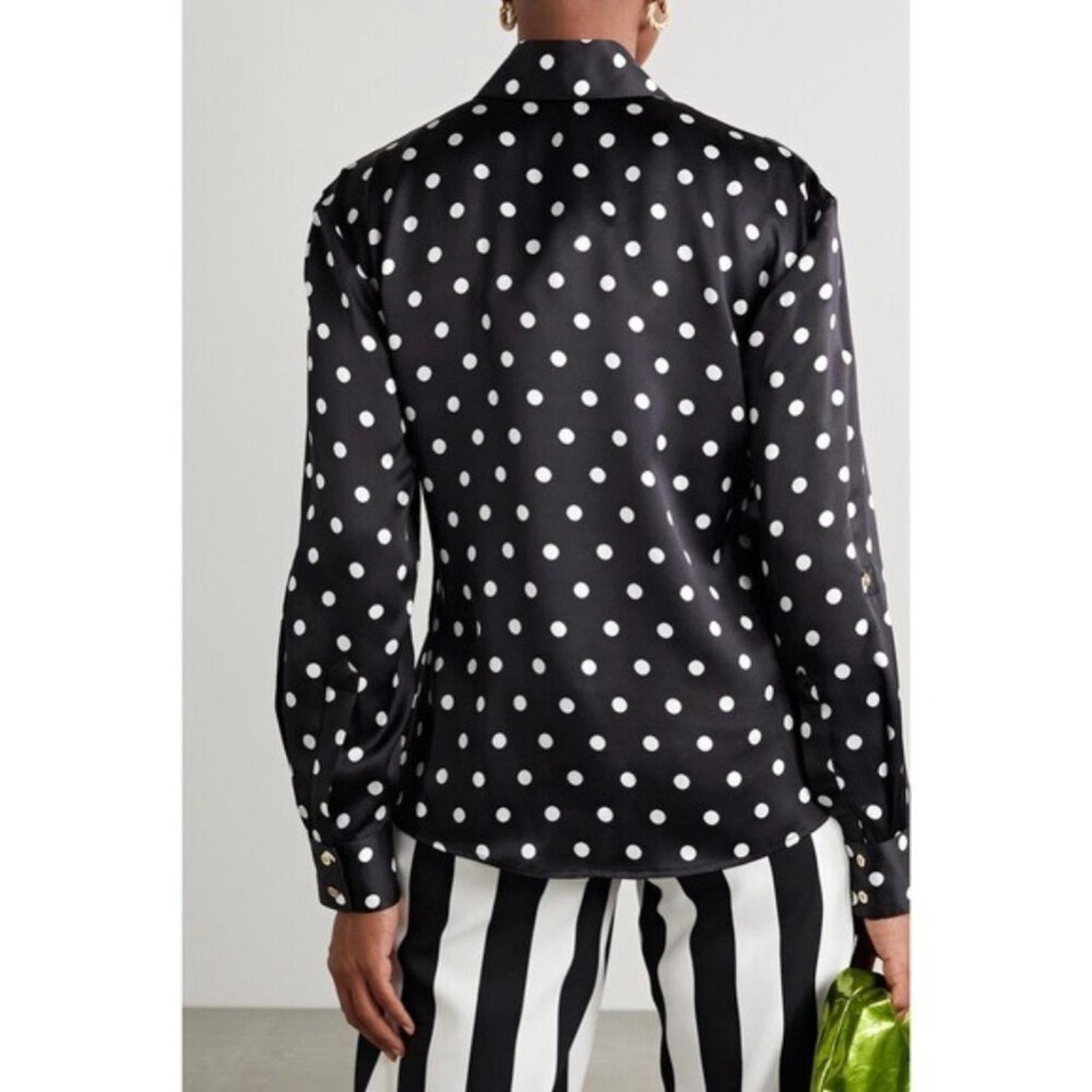 Sergio Hudson Polka Dot Silk Charmeuse Button-Up Blouse, Black/White XS NWT $795