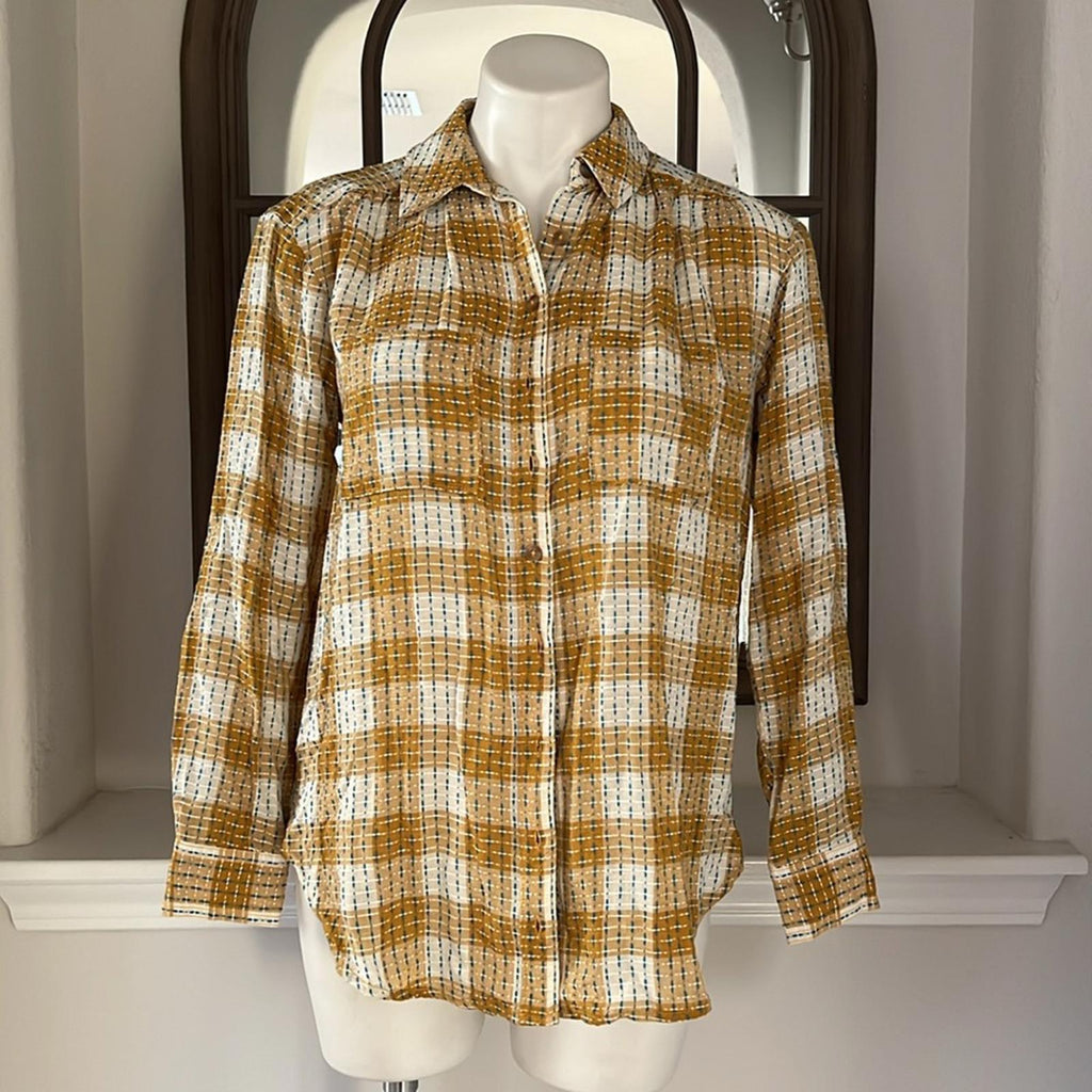 NEW Anthropologie’s Pilcro Yellow Motif Mustard Plaid Stitched Shirt Size XXS