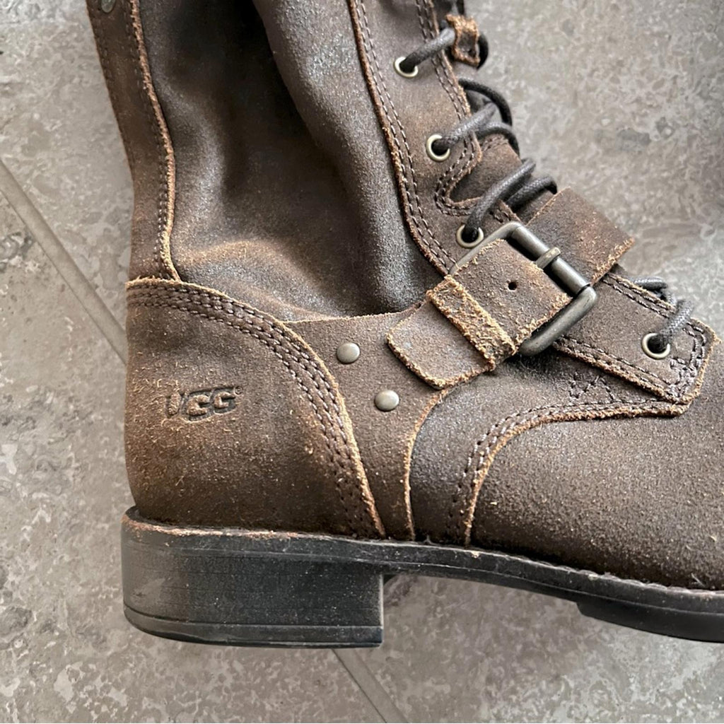 UGG Australia Marela Dark Lace-Up Leather Booties in Chestnut Brown, Size 7