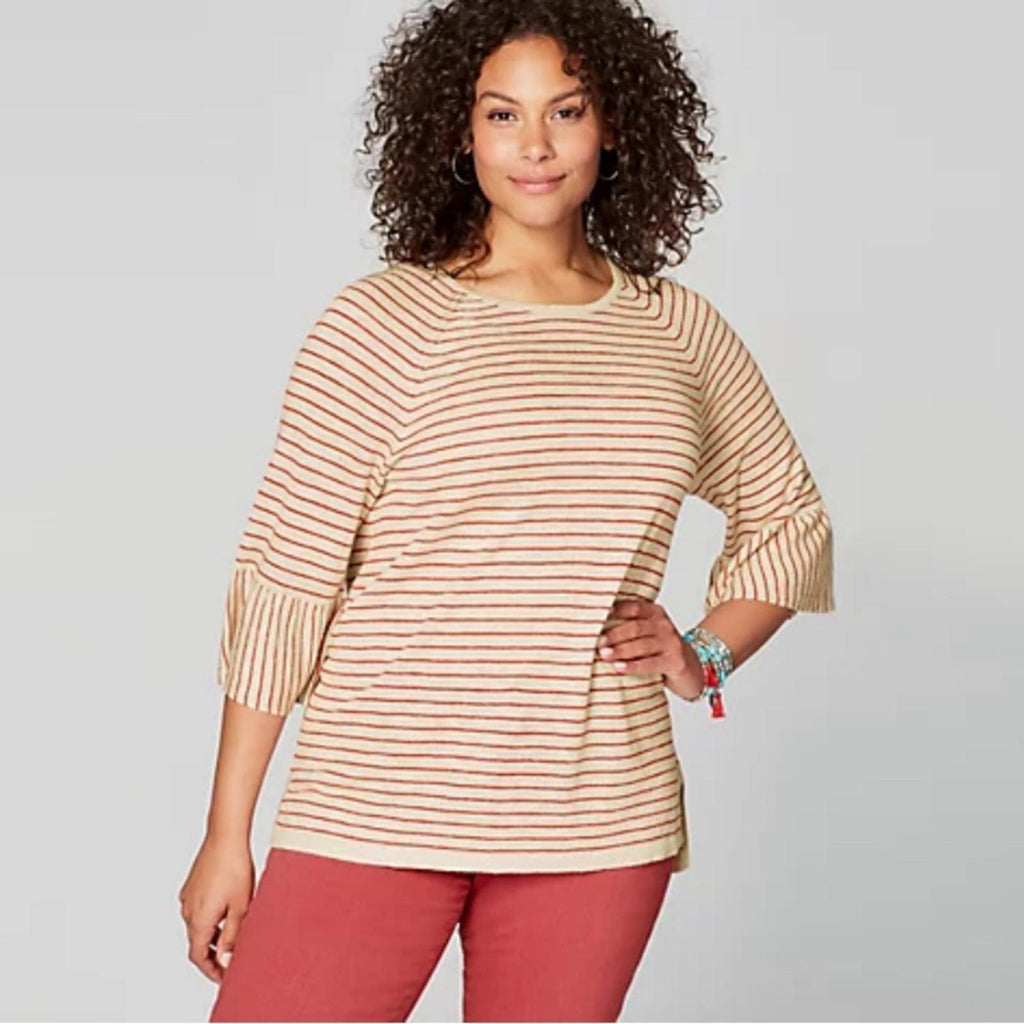 NEW J.Jill Linen Blend Sweater with Flounce Sleeves, Size L New w/Tag