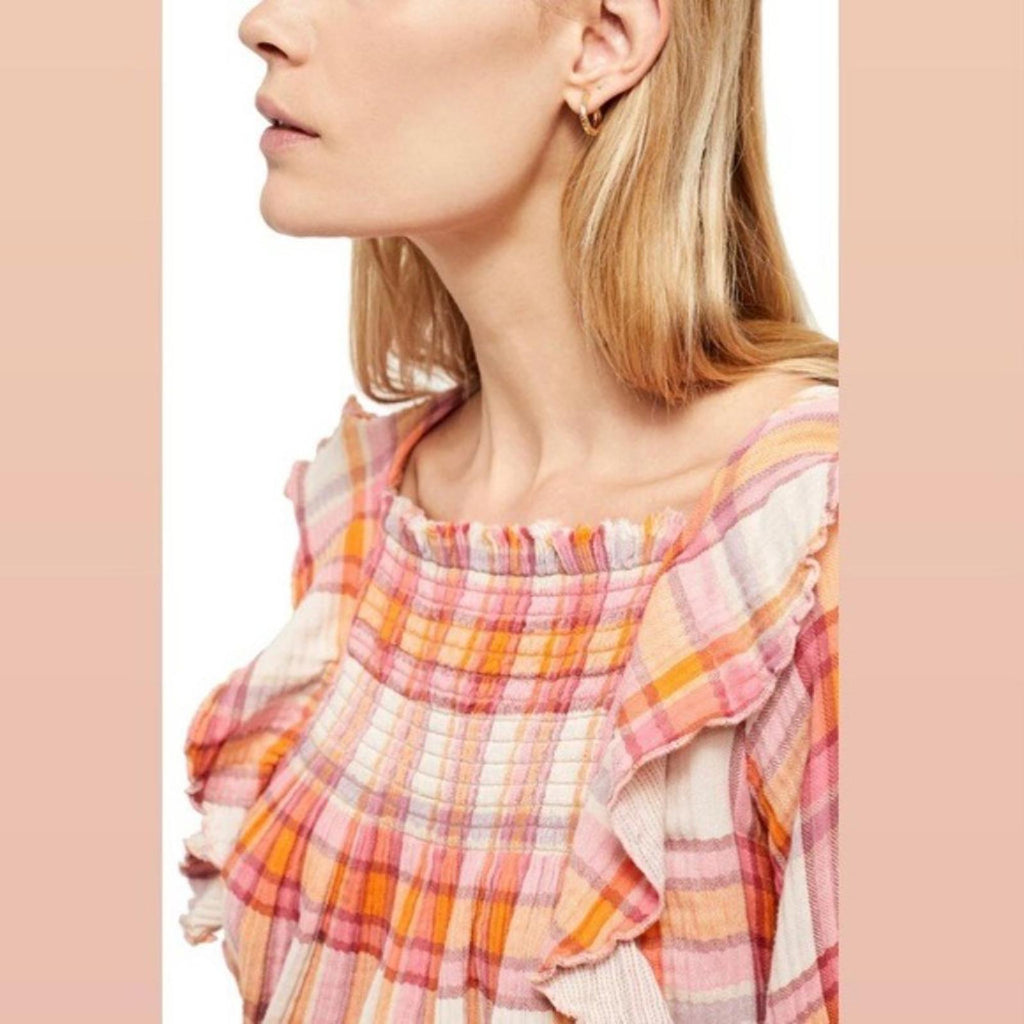 Free People Siena Plaid Long Sleeve Ruffle Top Cotton Size XS New w/Tag