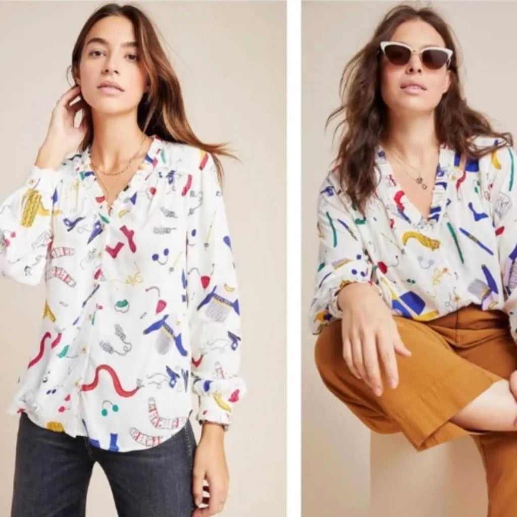 Anthropologie’s Maeve Marisol Ruffled Winter Ski Print Blouse, Size 8