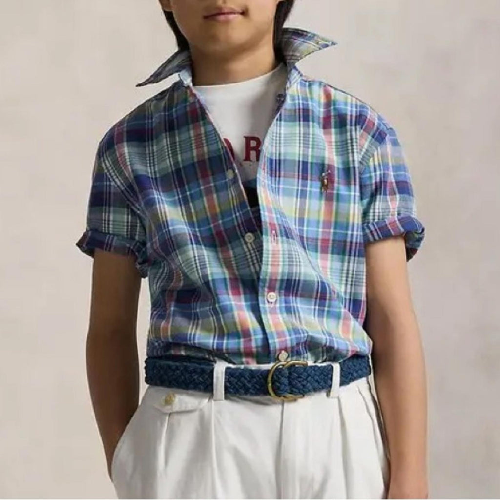 Ralph Lauren Plaid Oxford Short-Sleeve Shirt in Blue Multi, Size L(14-16), NWT