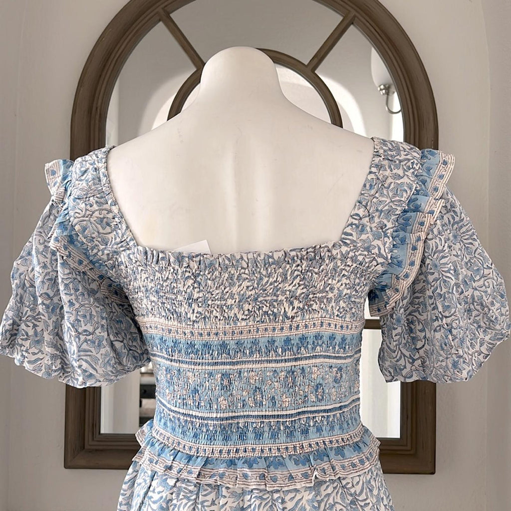 Bell Ashley Ruffled Puff Sleeve Midi Dress in Blue White, Size XL New w/Tag $408