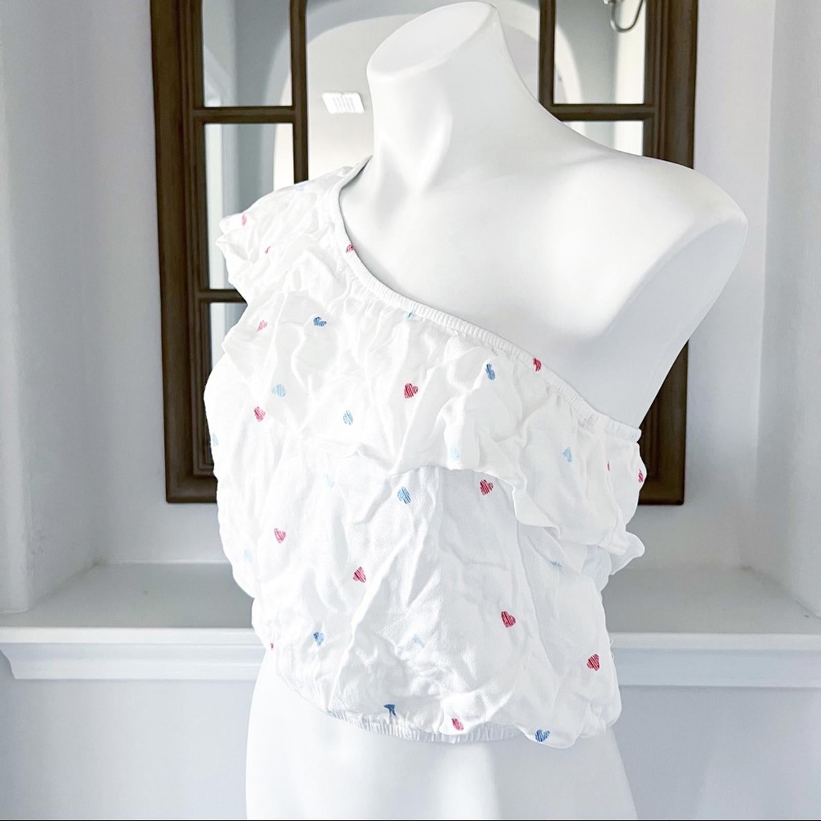 Hippie Rose Tiered One Shoulder Top Red Blue Hearts NWT
