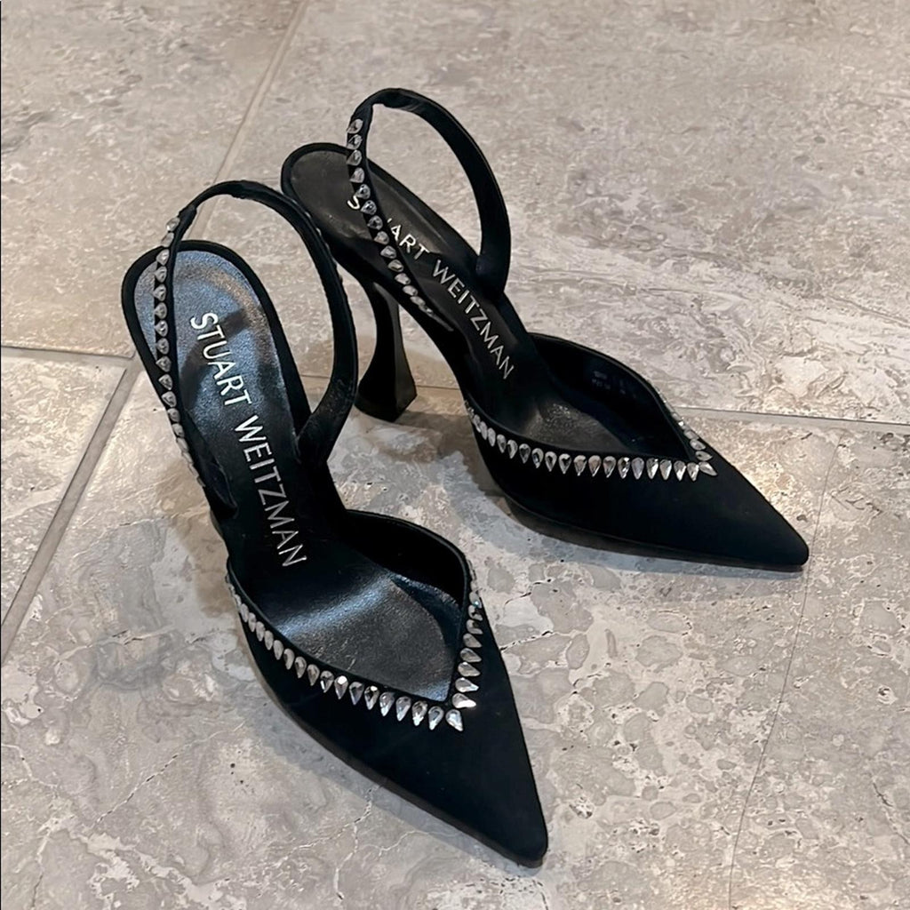 Stuart Weitzman Gemcut Xcurve Slingback Pumps in Black Suede, Size 6 NEW $650
