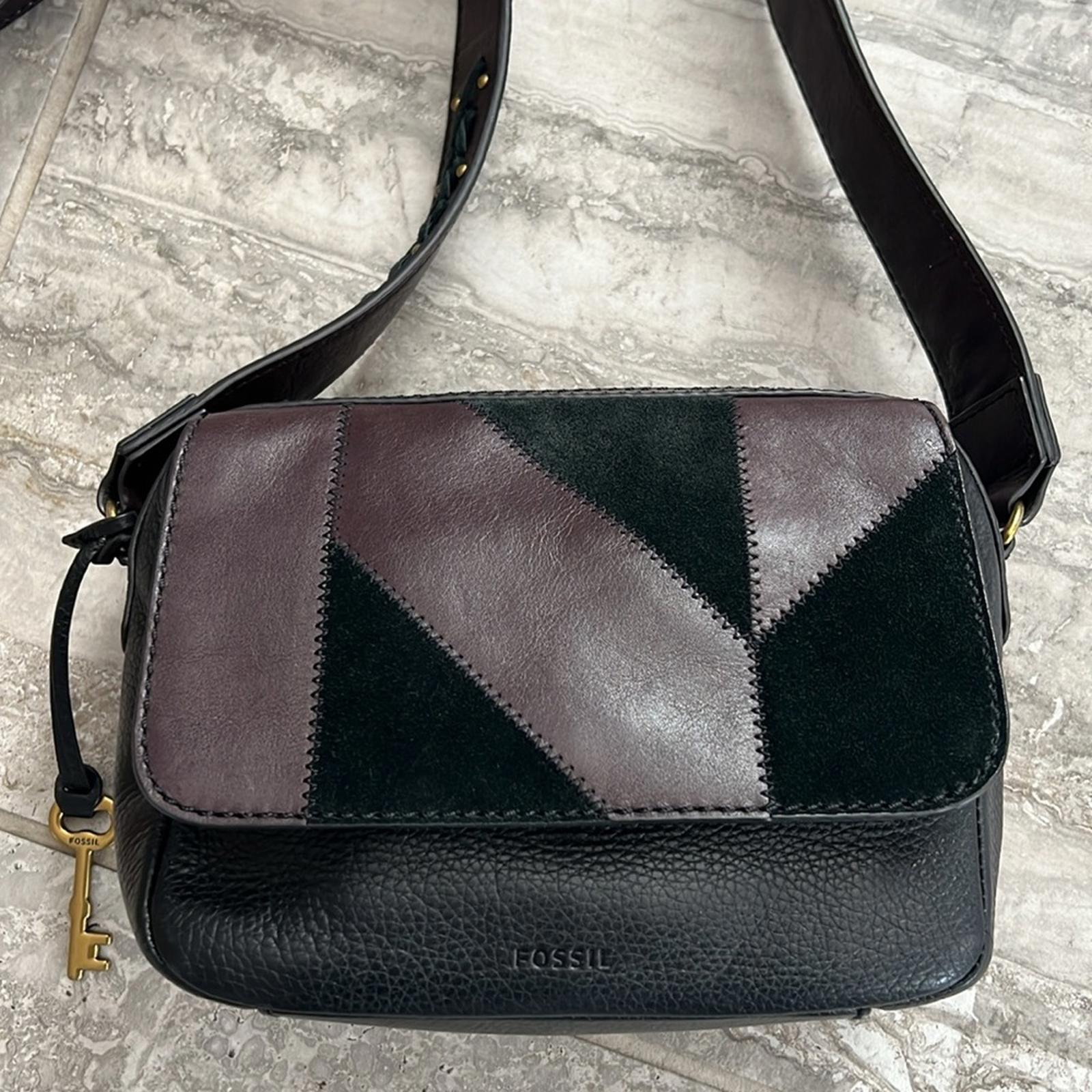 Fossil Aria Cow Hide Leather Shoulder Bag, Patchwork Black & Brown, Retail $178