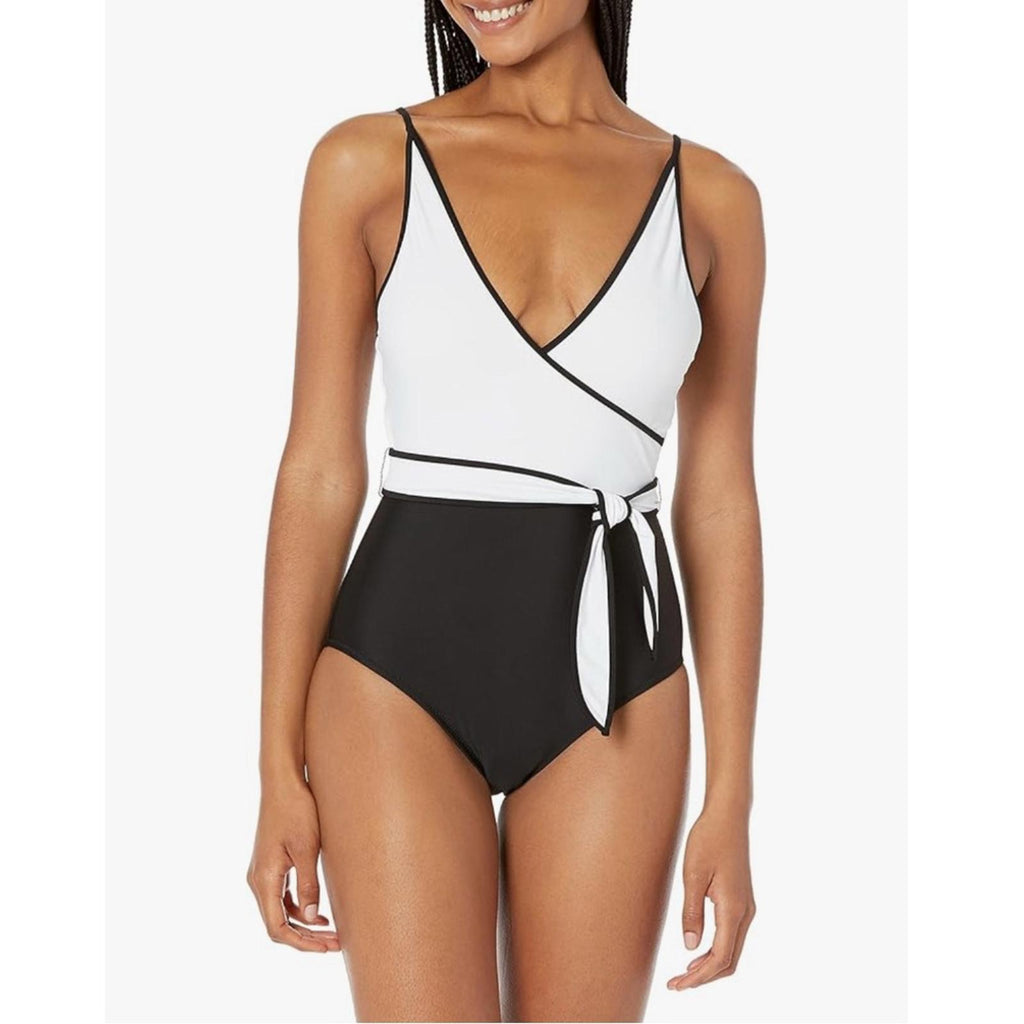 Tommy Hilfiger Colorblock Tie Front One Piece Swimsuit Black/White Size 14 NWT