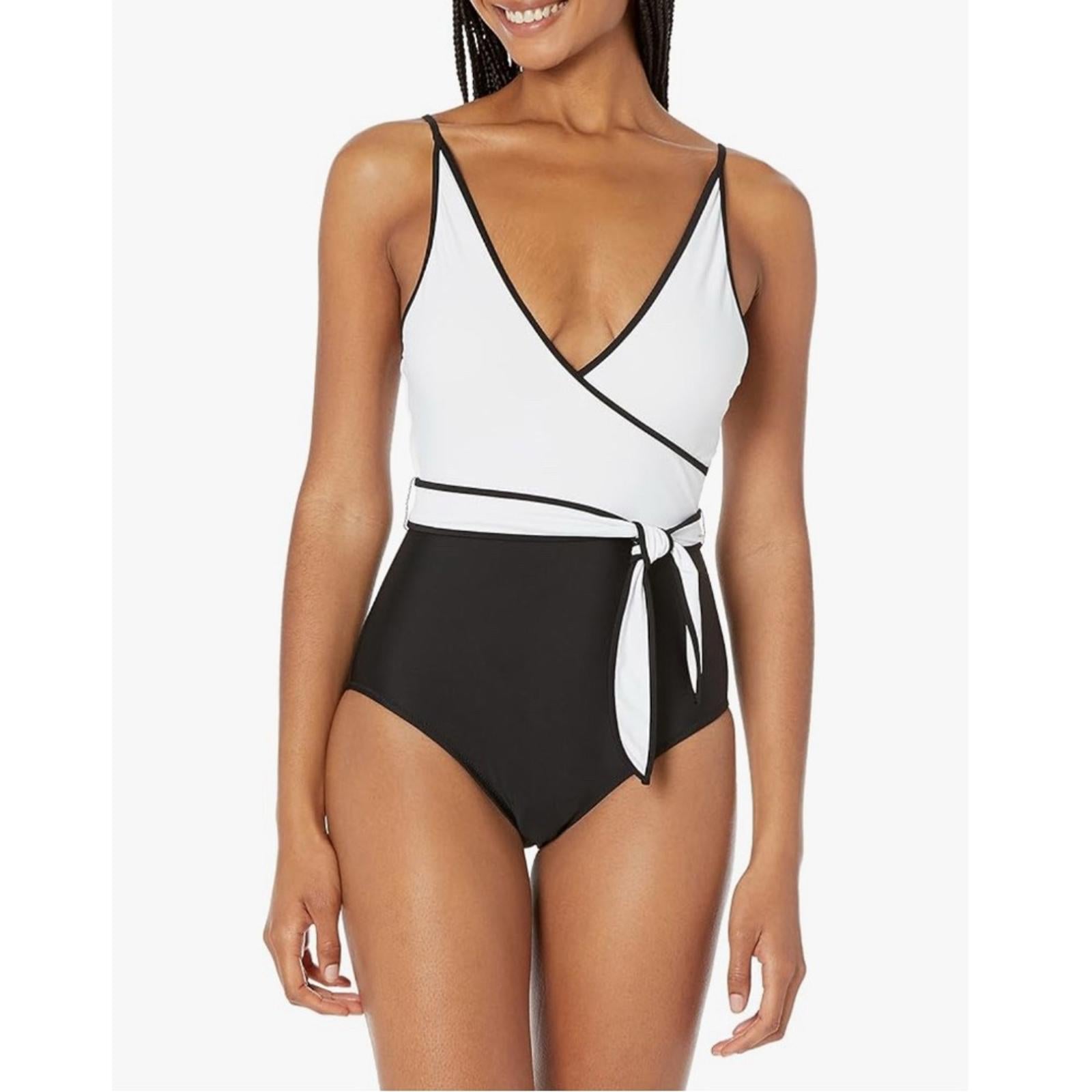 Tommy Hilfiger Colorblock Tie Front One Piece Swimsuit Black/White Size 14 NWT