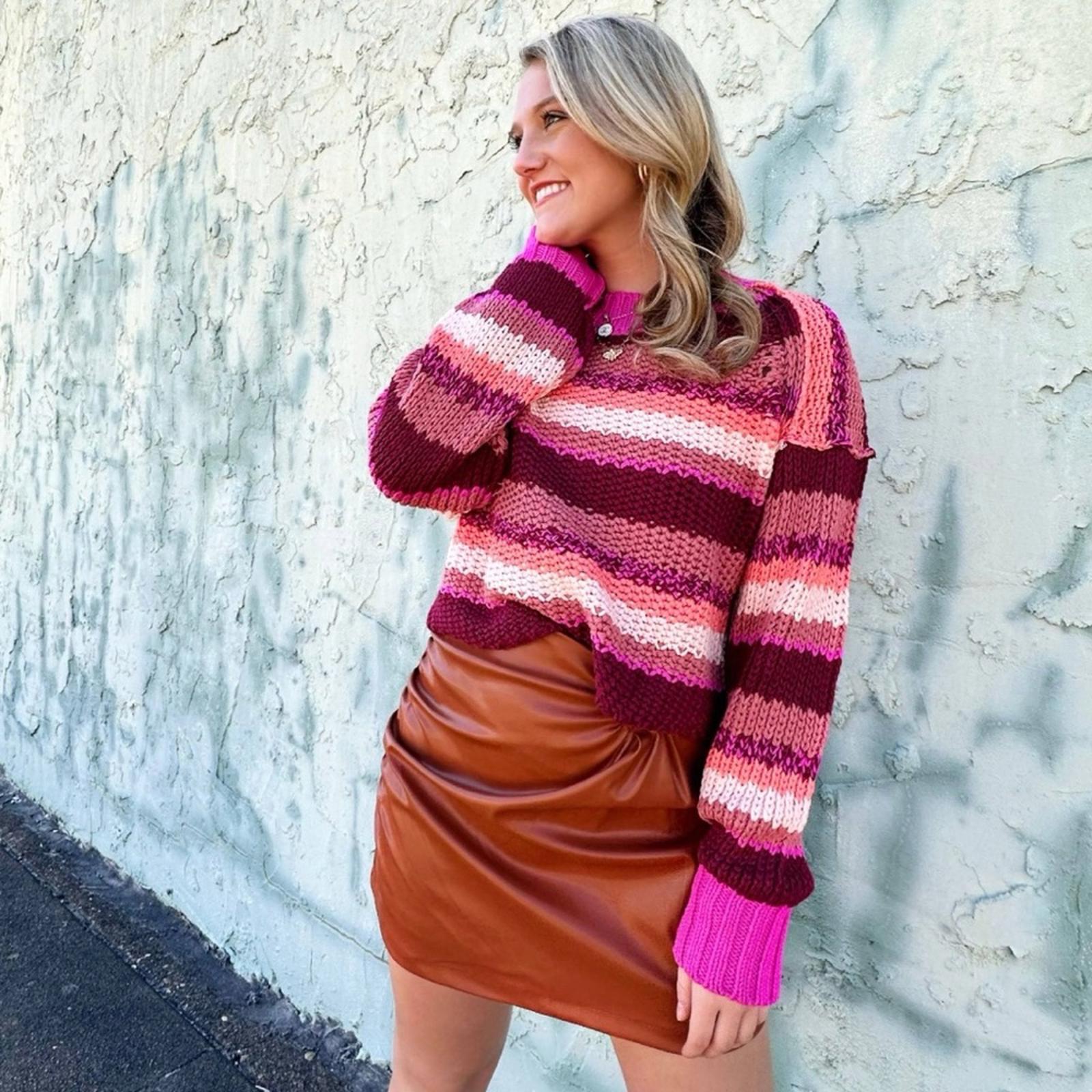 Free People Revolve* Devon Sweater, Fuchsia Rose Combo,  Size L New w/Tag