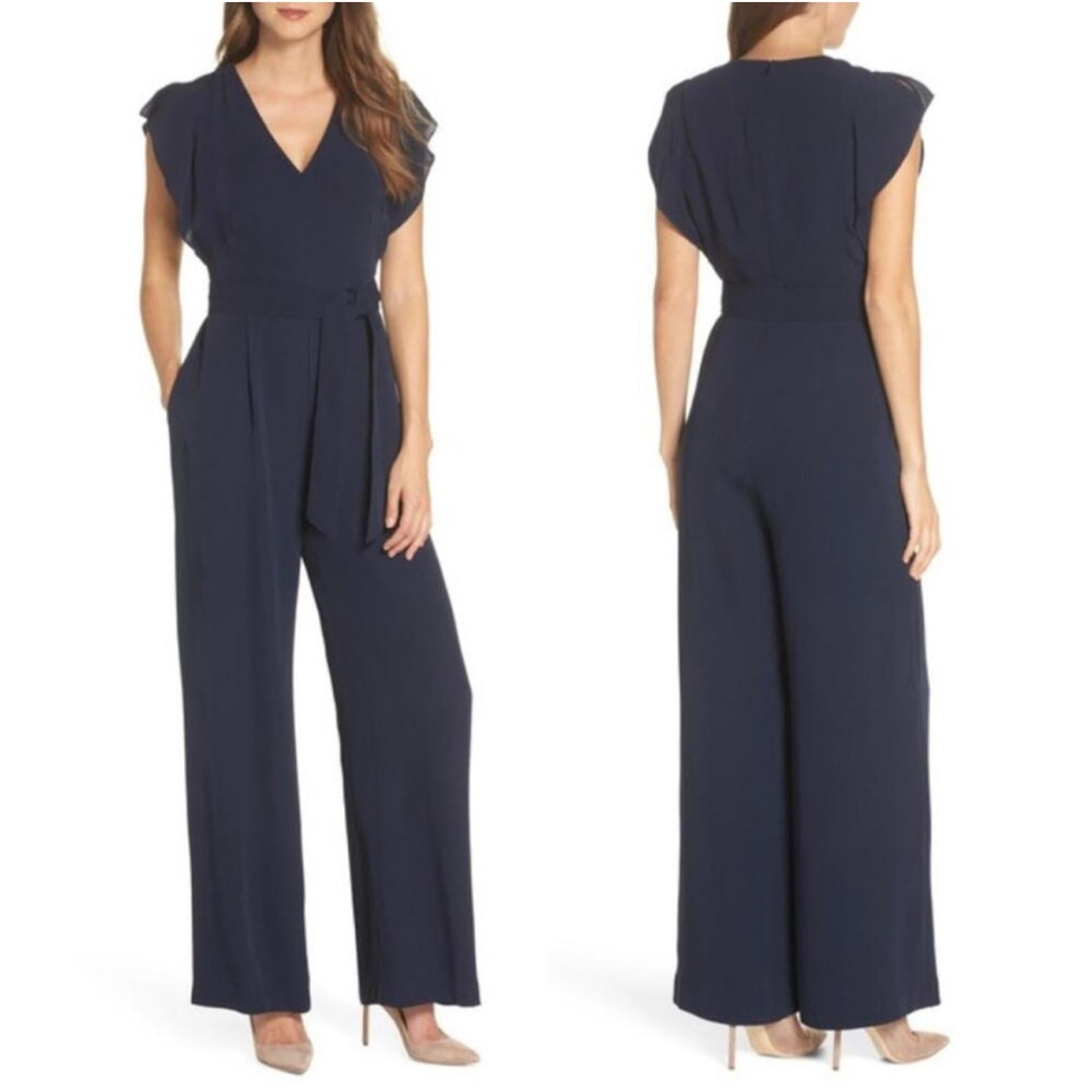 NEW Eliza J Flutter Sleeve Crepe Wide Leg Jumpsuit in Navy, Size 16 NEW w/o Tag