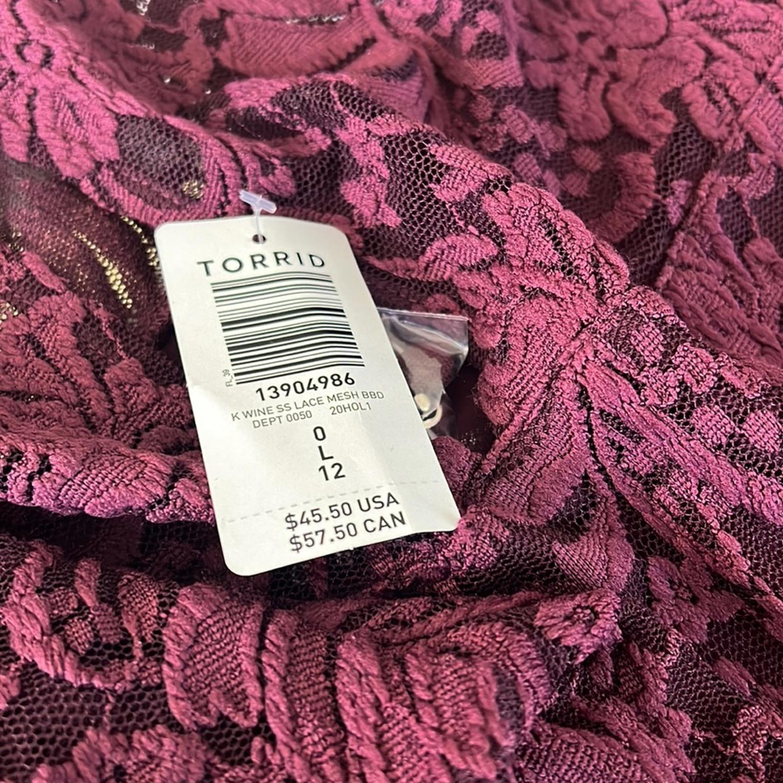 Torrid Babydoll Lace High Neck Short Sleeve Top in Wine Red, Size L New w/Tag