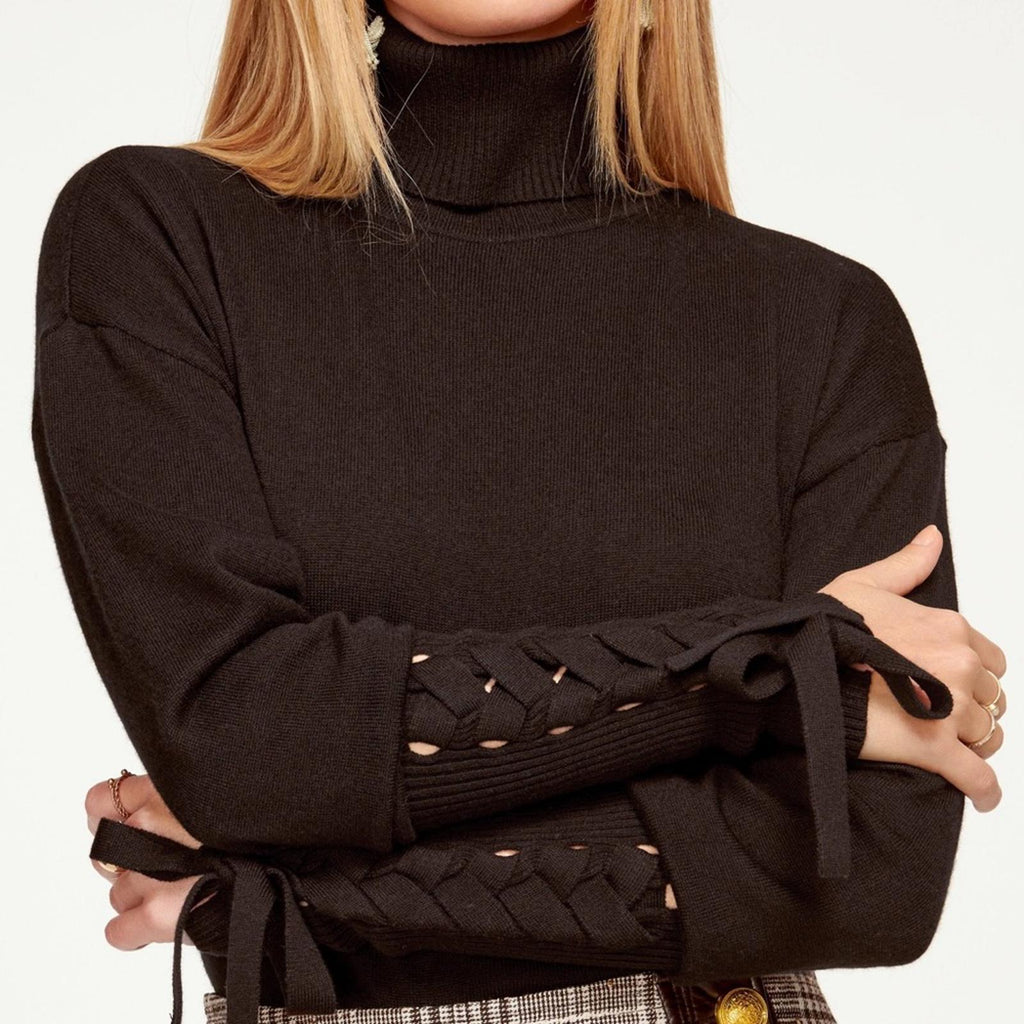 Ramy Brook Walt Turtle Neck Long Lace-Up Sleeve Top in Black, Size L New w/Tag