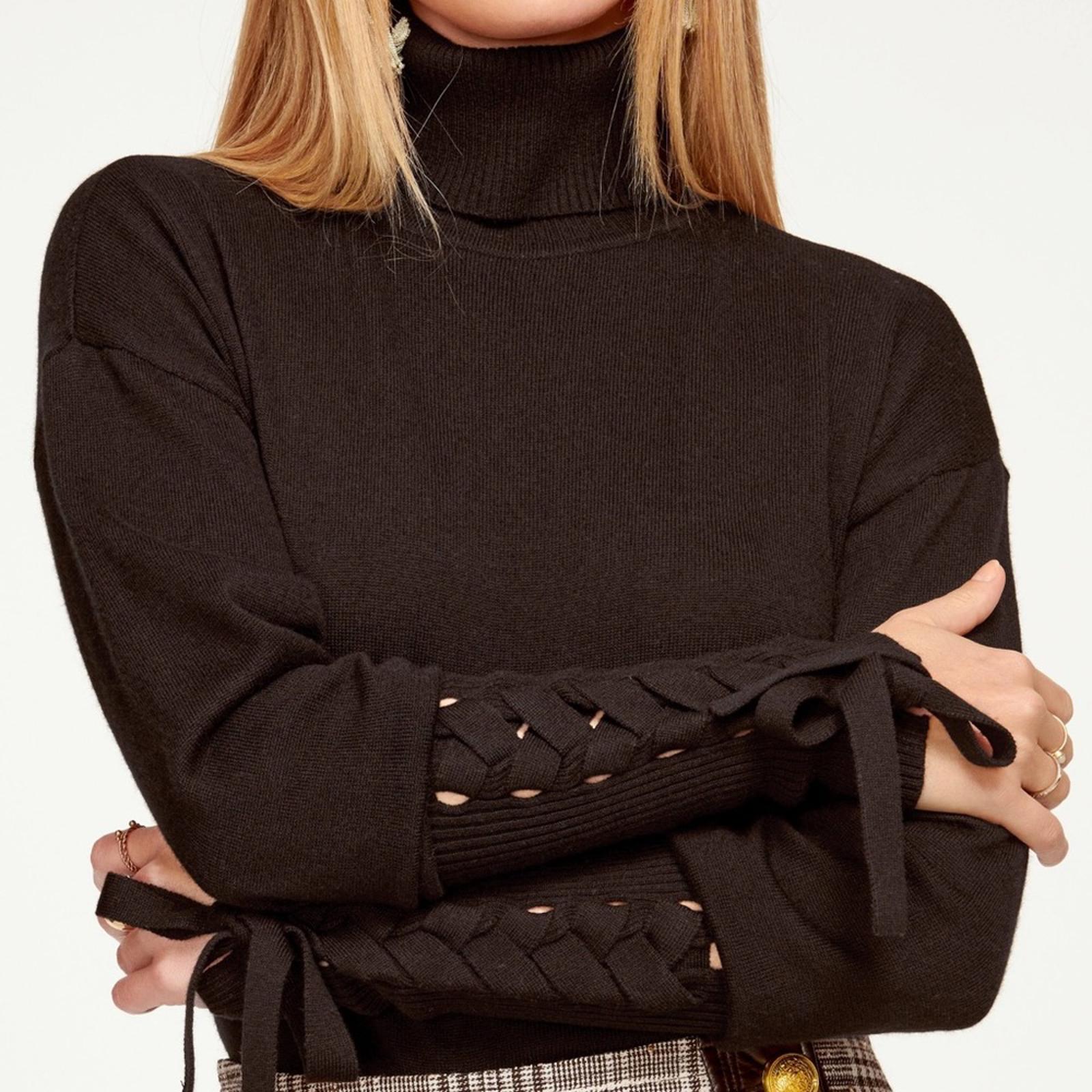 Ramy Brook Walt Turtle Neck Long Lace-Up Sleeve Top in Black, Size L New w/Tag