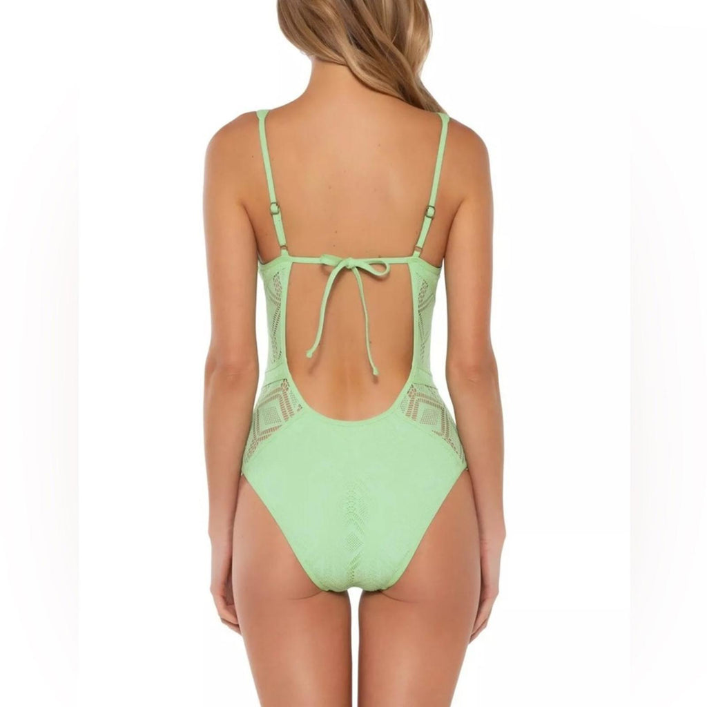 Becca Wanderlust Crochet Plunge One Piece Swimsuit in Mint Size XS NEW w/Tag