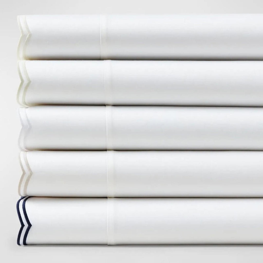 Ralph Lauren Malin Scallop Sateen Flat Sheet in White/Silver Trim, Queen NWT