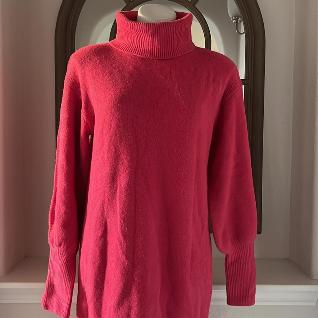 Gibson Latimer Puff-Sleeve Turtleneck Sweater Dress in Pink, Size M NEW w/o Tag