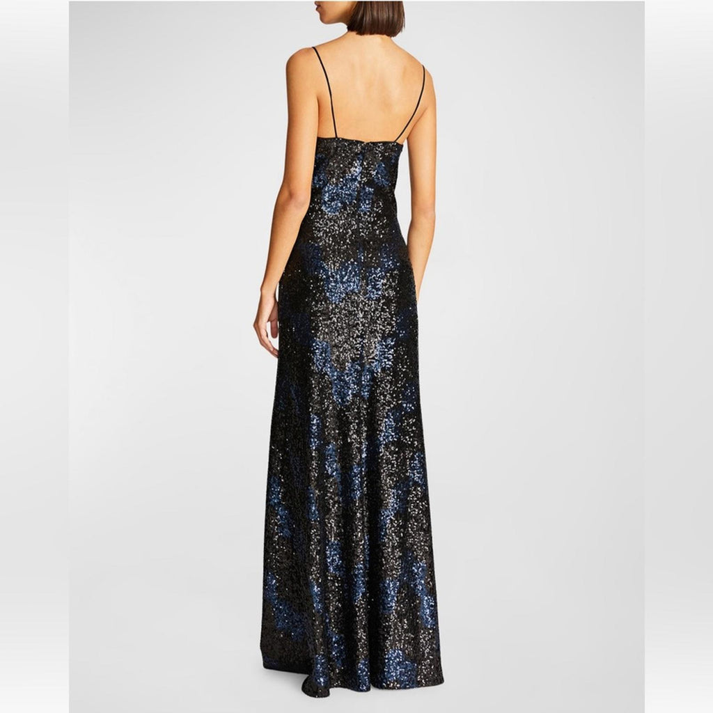 Halston Syrena Gown in Wave Sequined , Black/Navy Size 12 New w/Tag Retail $595