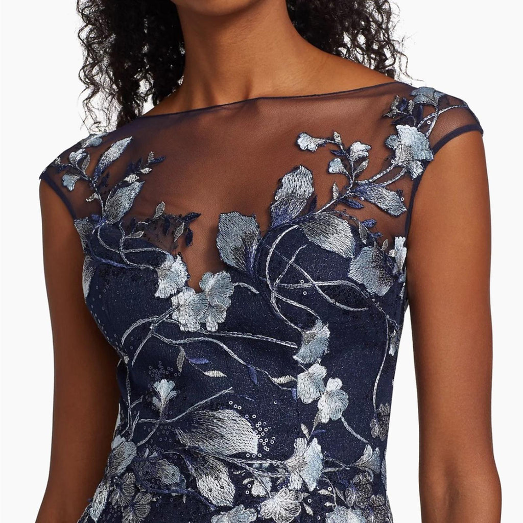Teri Jon Embroidered Mesh Gown in Navy/Silver, NWT, Size 16