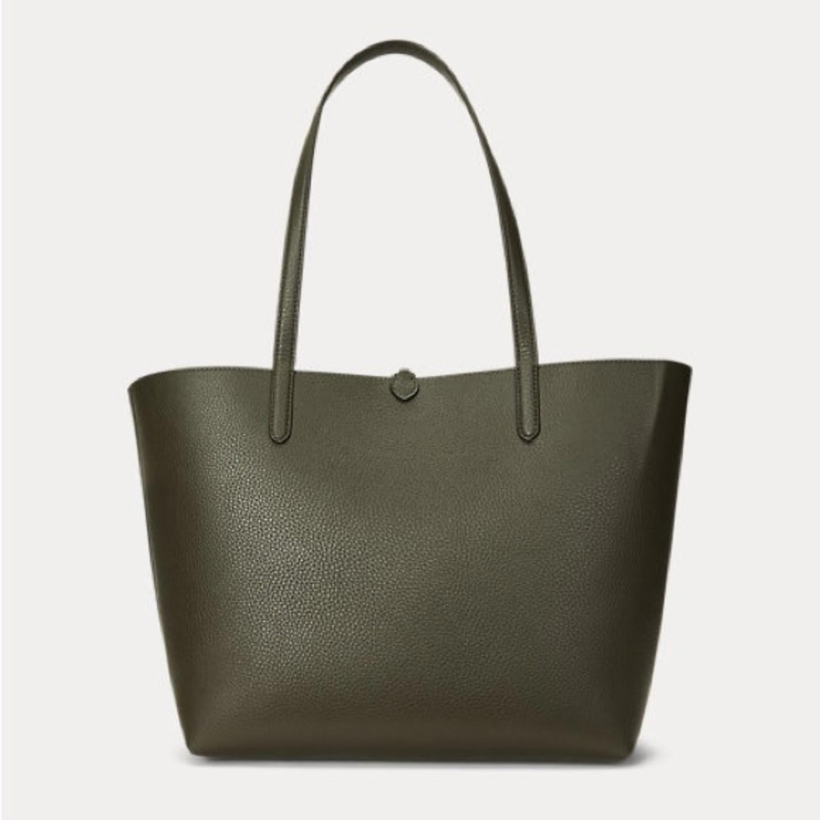 Lauren Ralph Lauren Large Reversible Tote Bag in Dark Olive/Belting Print, NWT
