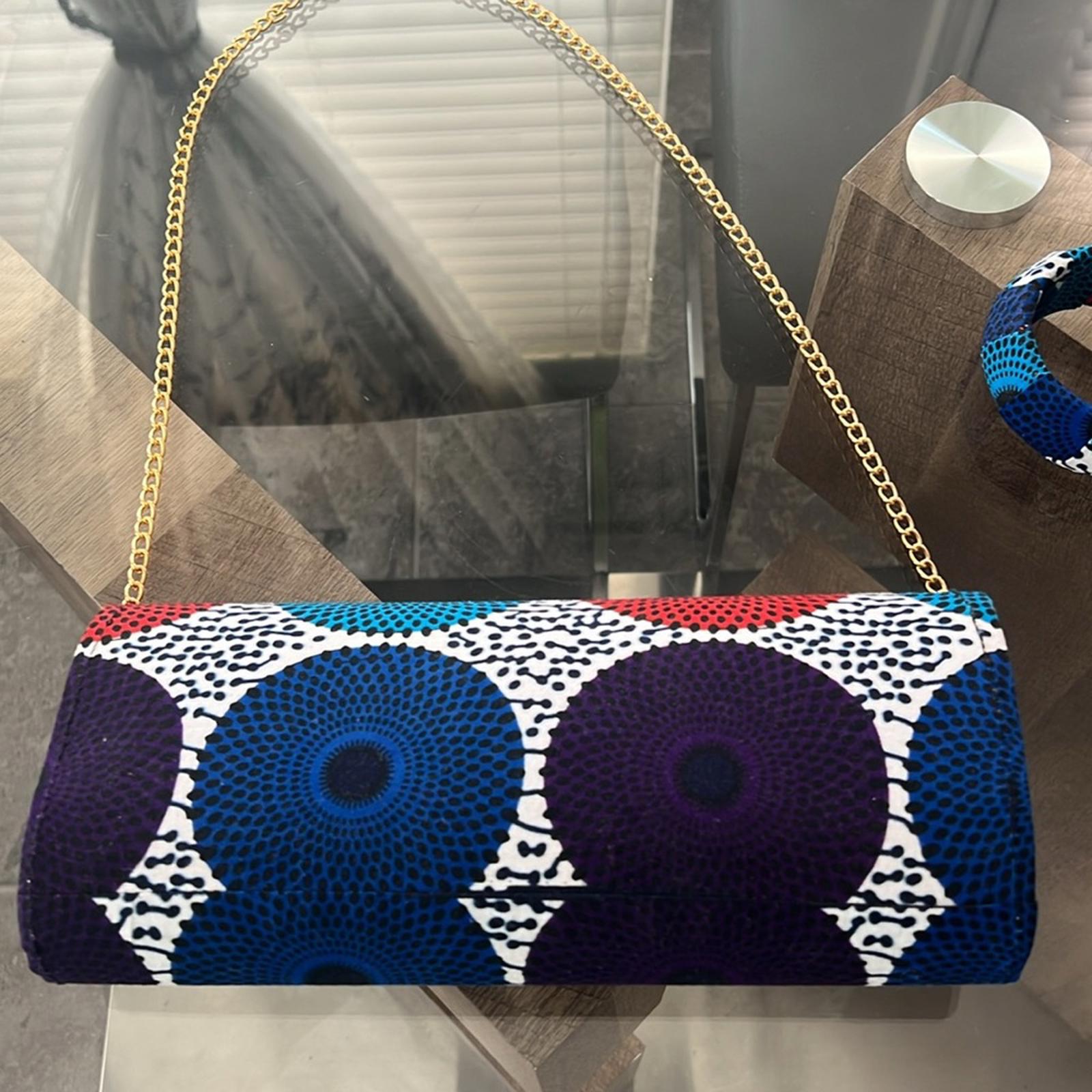 NEW Handmade 5-Piece Ankara Clutch Bag, White Blue Red (No tags)