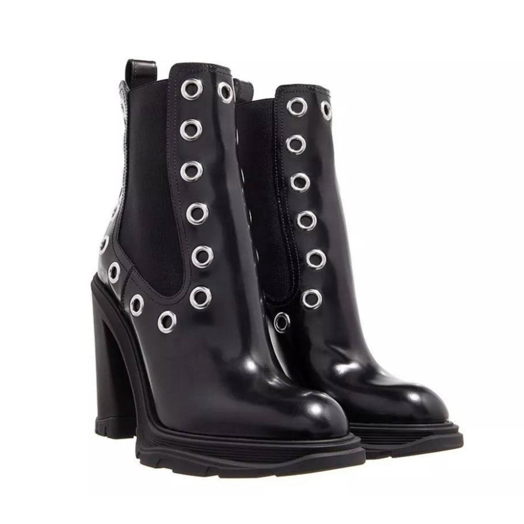 Alexander McQueen Tread Grommet Embellished Black Boots, Size 39.5, Retail $1290