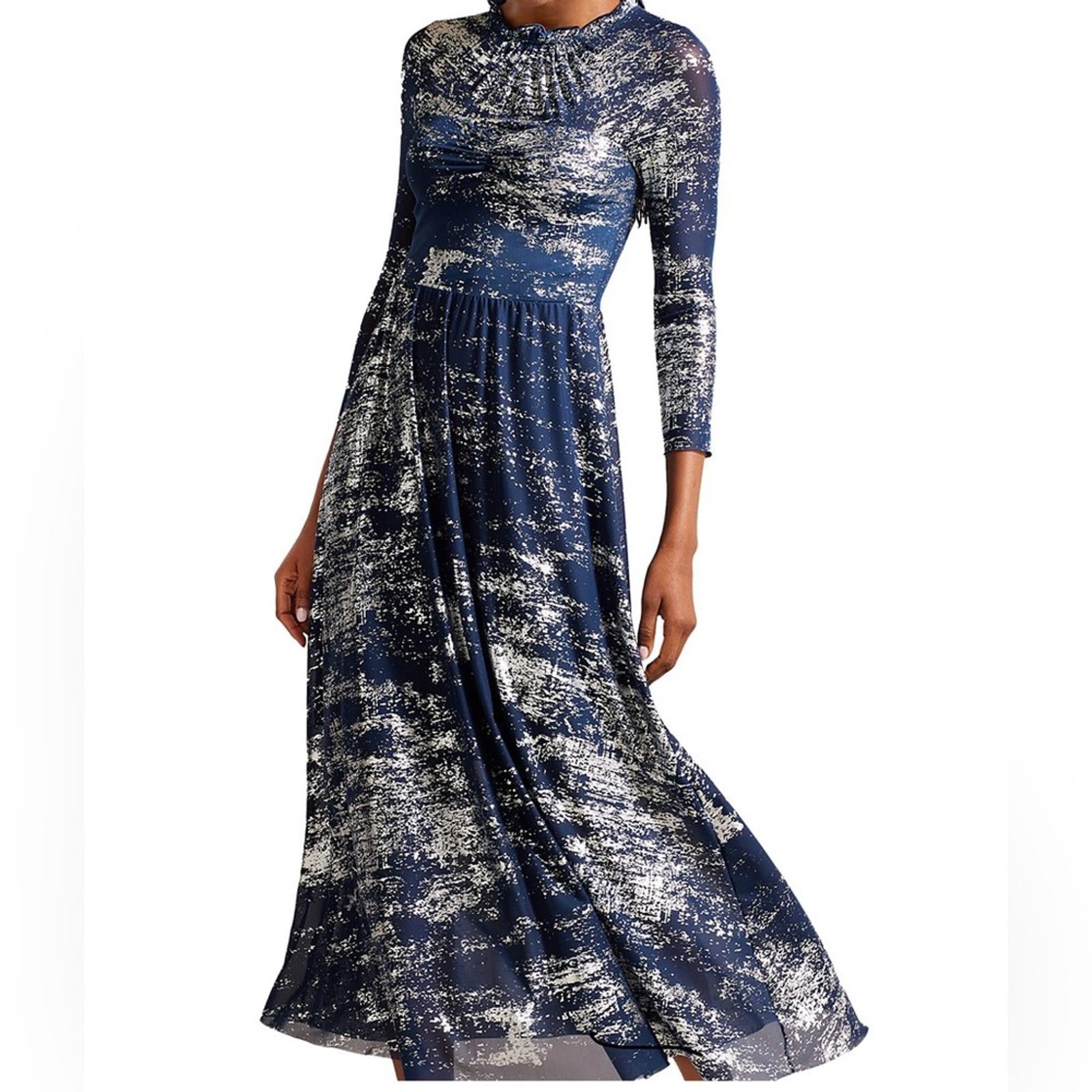 TED BAKER Iggiey Metallic Burnout Midi Dress, 3/4 Sleeves Navy Size 4 US 10 NWT