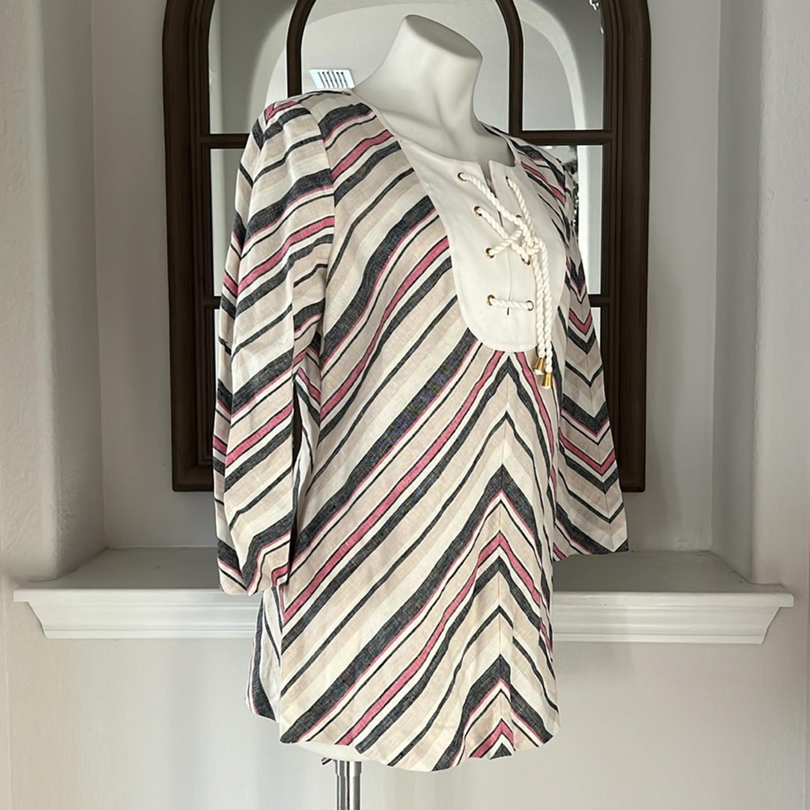 NEW Tory Burch Linen Lace-Up Diagonal Stripe Blouse, Size 12
