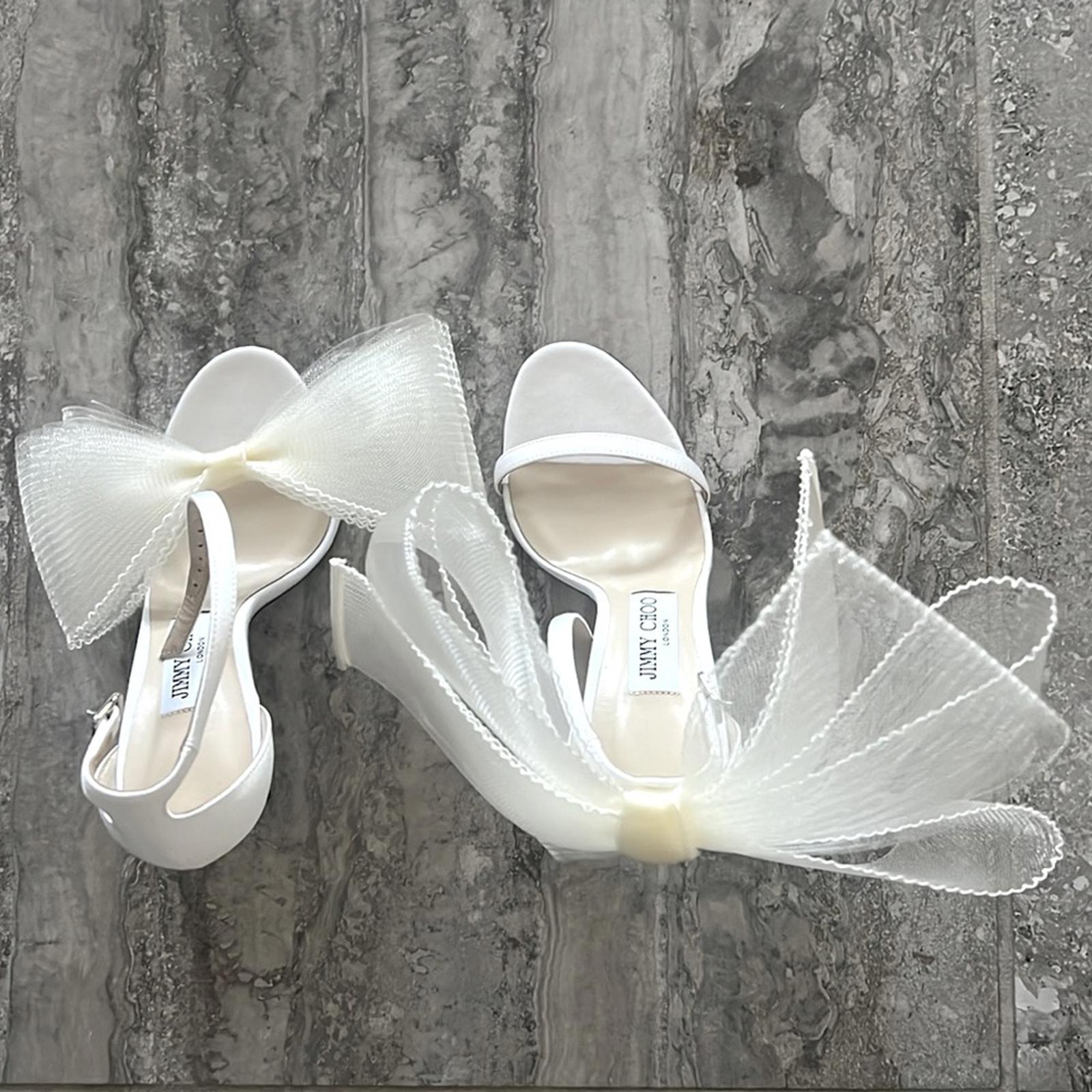Jimmy Choo Aveline 100 Sandals w/Asymmetric Grosgrain Mesh Fascinator Bows NEW