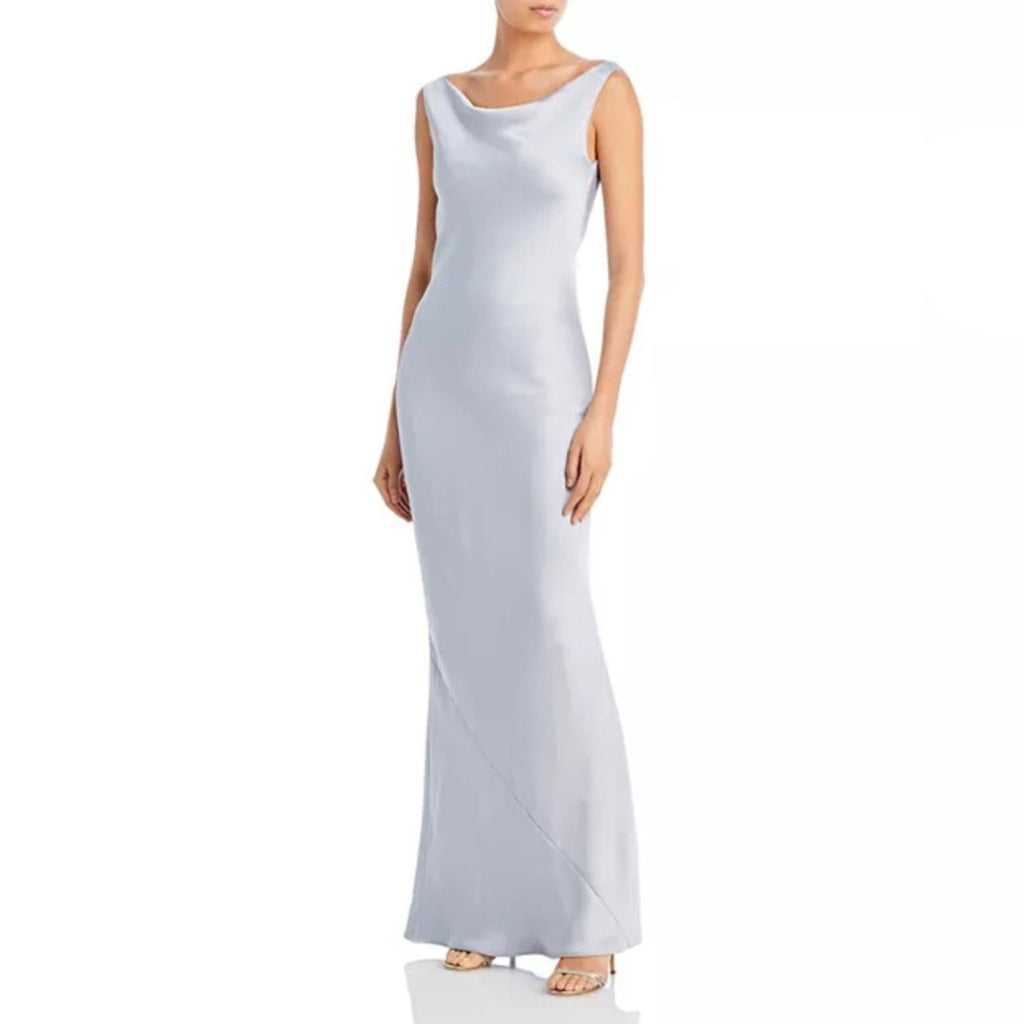 Norma Kamali Maria Satin Cowl Neck Gown in Silver, NWT, Size S/36