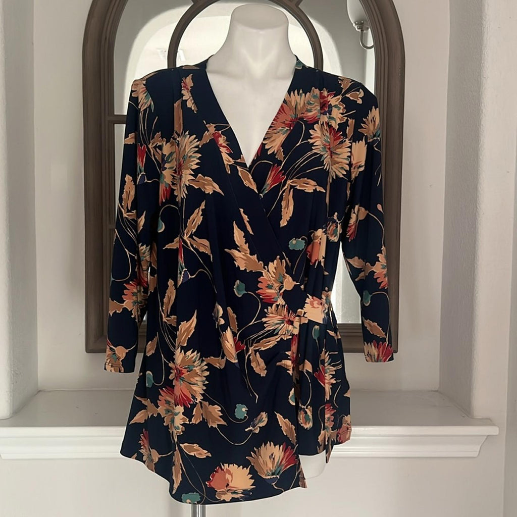 Lauren Ralph Lauren Floral Stretch Jersey Top in Navy Tan Multi Size 1X NWT