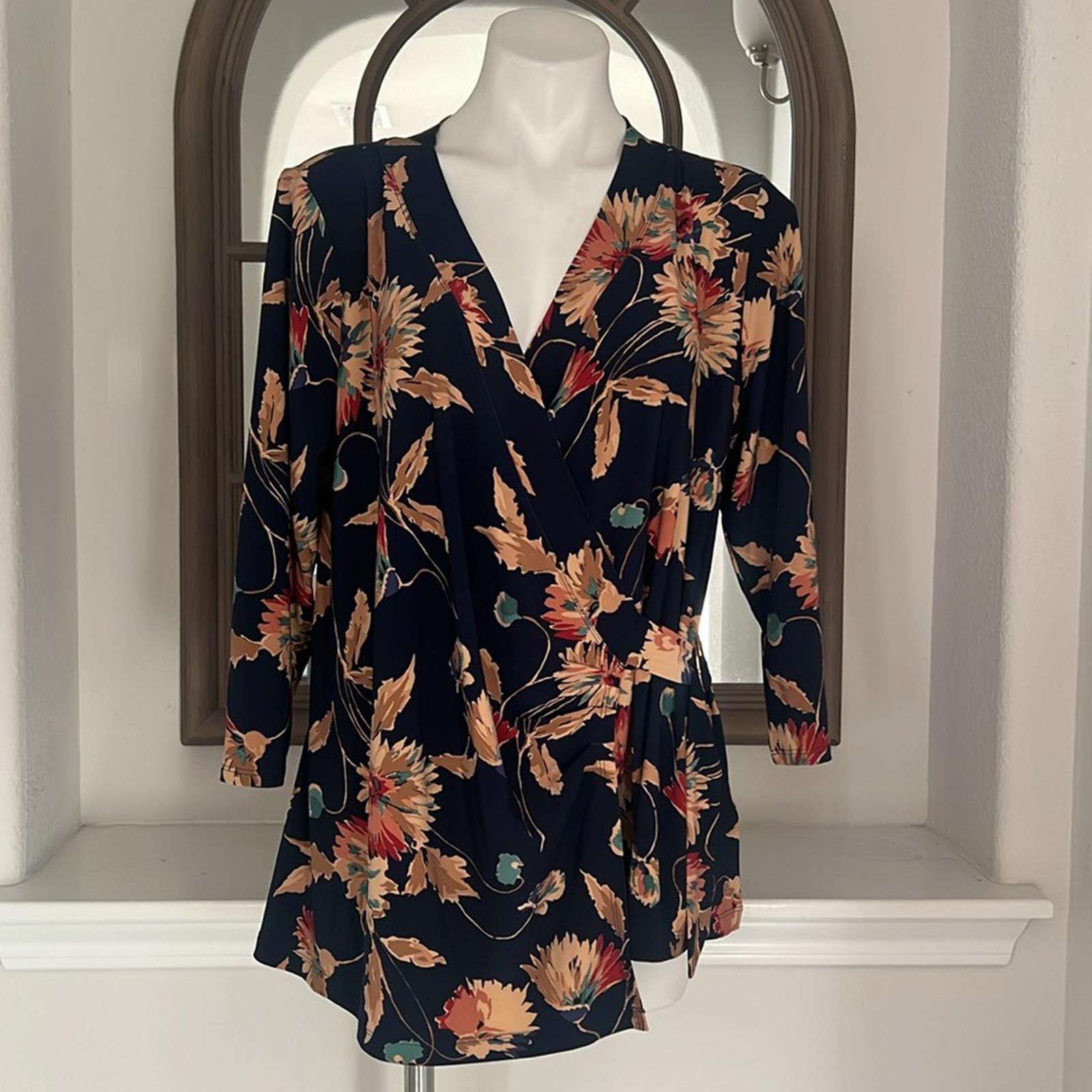 Lauren Ralph Lauren Floral Stretch Jersey Top in Navy Tan Multi Size 1X NWT