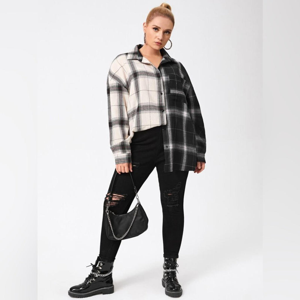 NEW LOOK Plaid Button Up Shirt in Black & White Size 1X New w/Tag