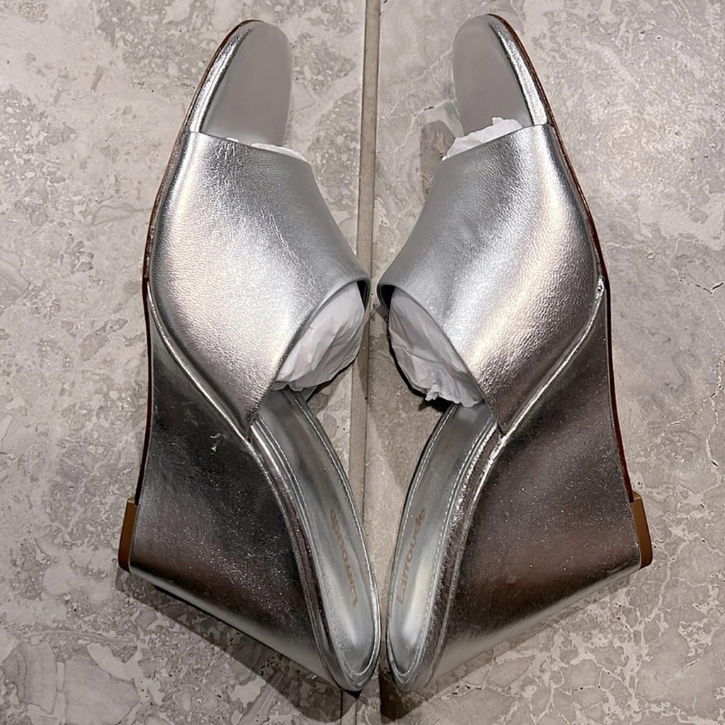 Larroude Jackie Wedge Heel Slide Sandals in Metallic Silver Size9.5 New +DustBag