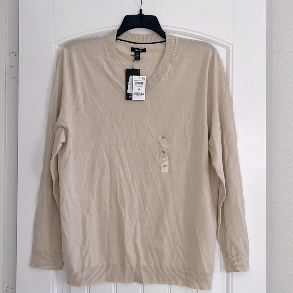 Alfani Long Sleeve V-Neck Merino Sweater in Brown Rice, Size XL New w/Tag