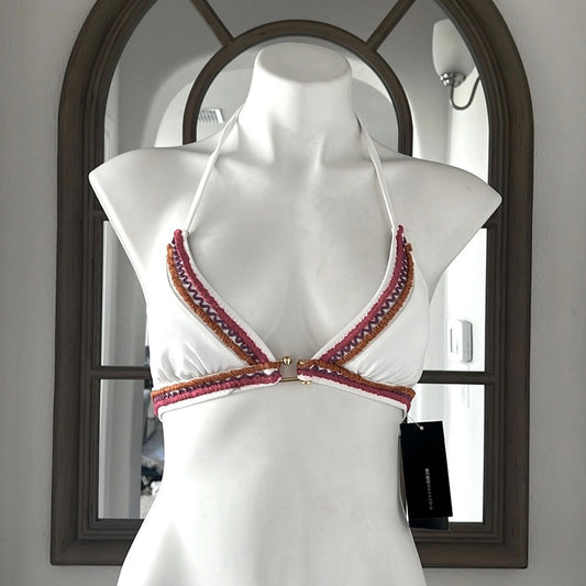 BCBGMaxaZria Swim Bikini Top, White w/Crochet Detailing Size XS New w/Tag