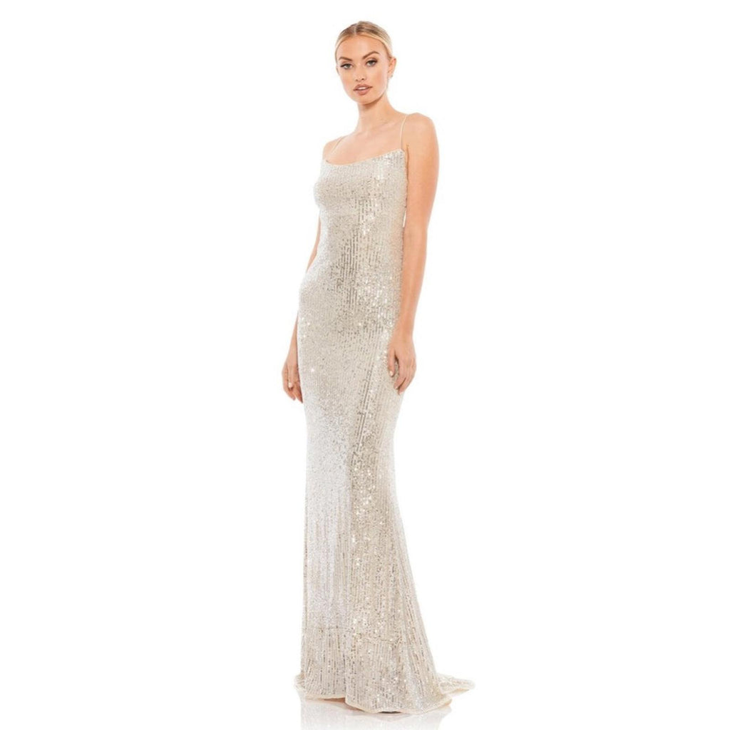 Mac Duggal IEENA Allover Sequin Strappy Open Back Gown in Nude Silver Size 4 NWT