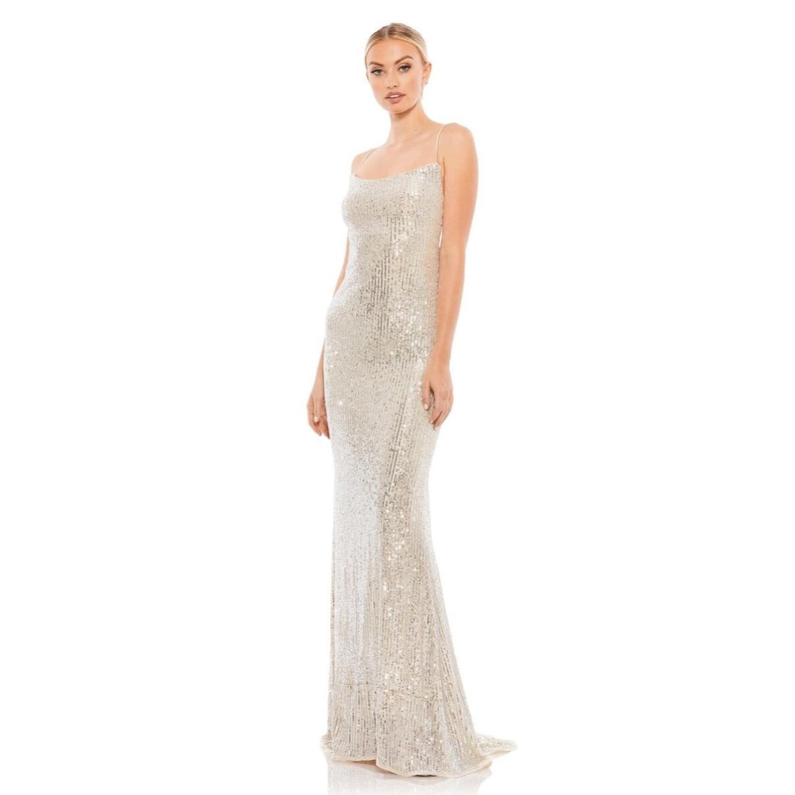 Mac Duggal IEENA Allover Sequin Strappy Open Back Gown in Nude Silver Size 4 NWT